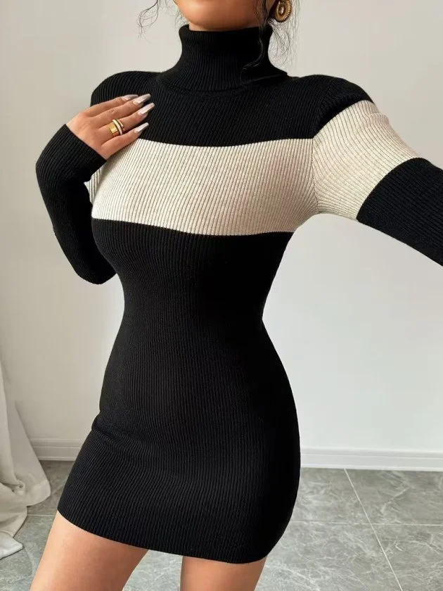 Women's Long-Sleeved Turtleneck Ribbed Knit Dress with Cream and Black Stripes - Janes - by Peralane - photo 8
