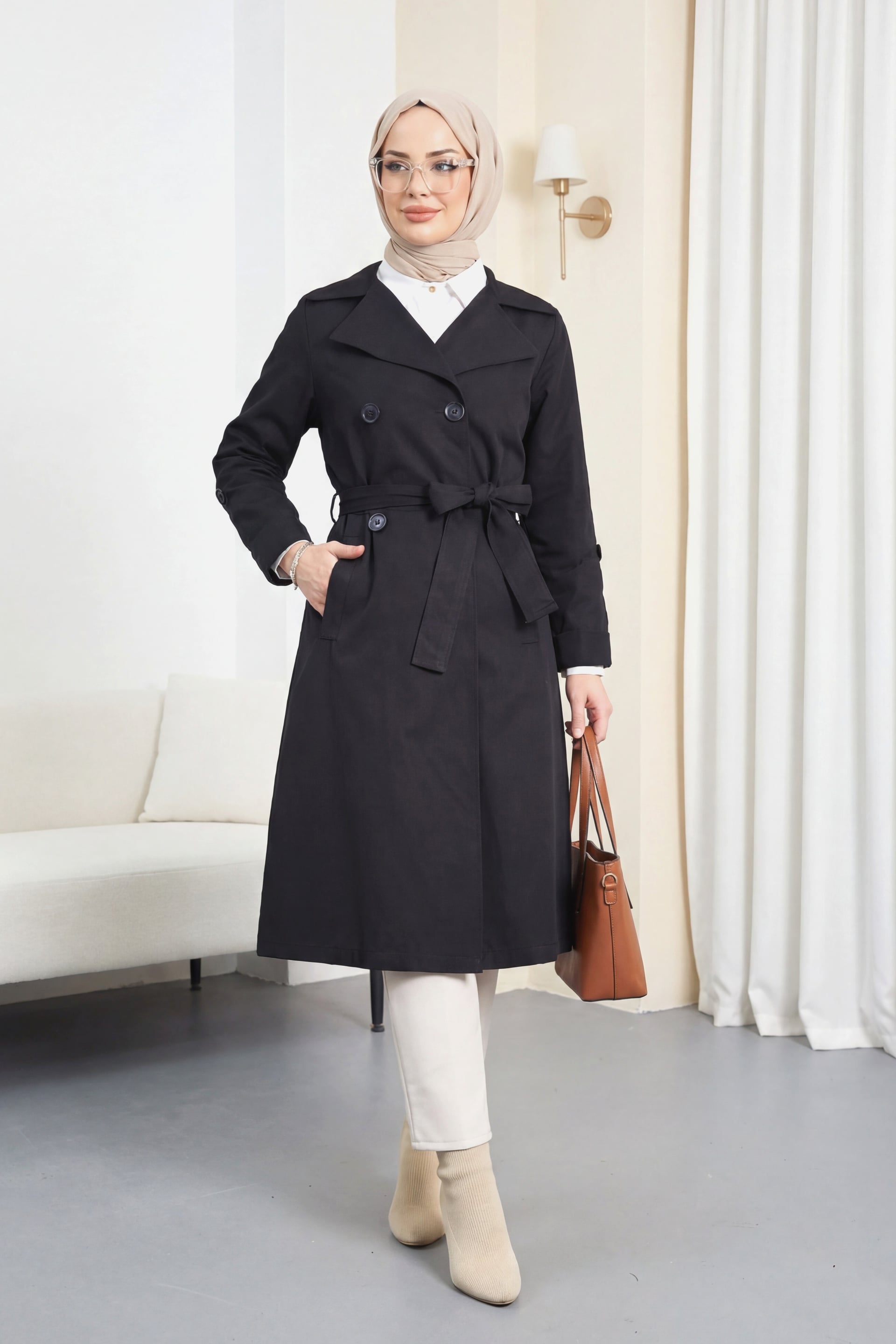 Black Double-Breasted Trench Coat with Tie Belt - Podyumplus - by Peralane