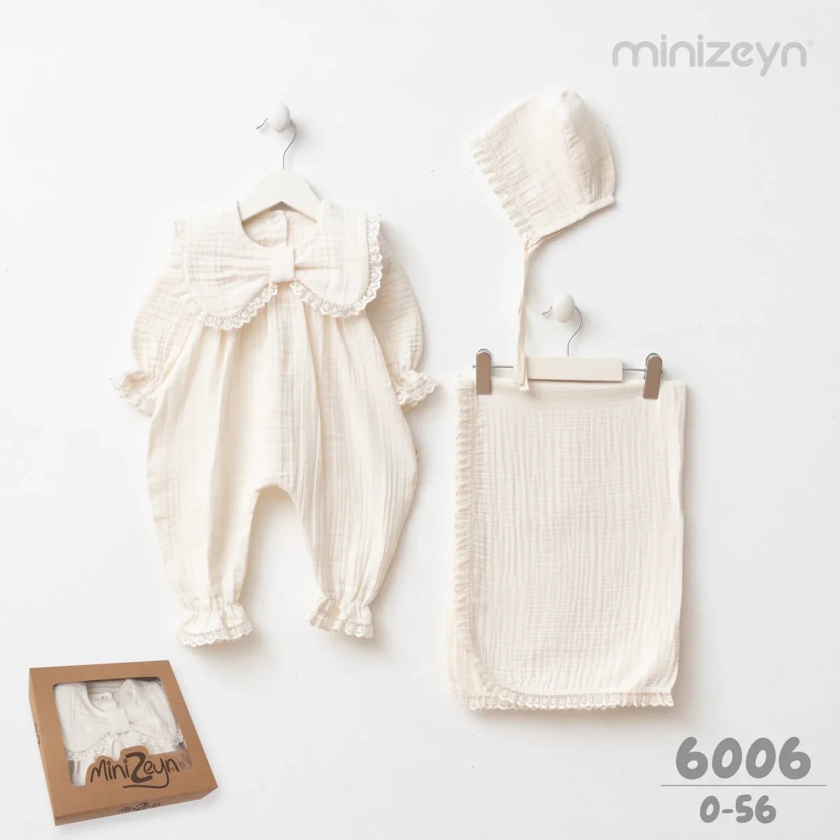 Baby Romper, Bonnet, and Swaddle Set in Cream - Minizeyn - by Peralane