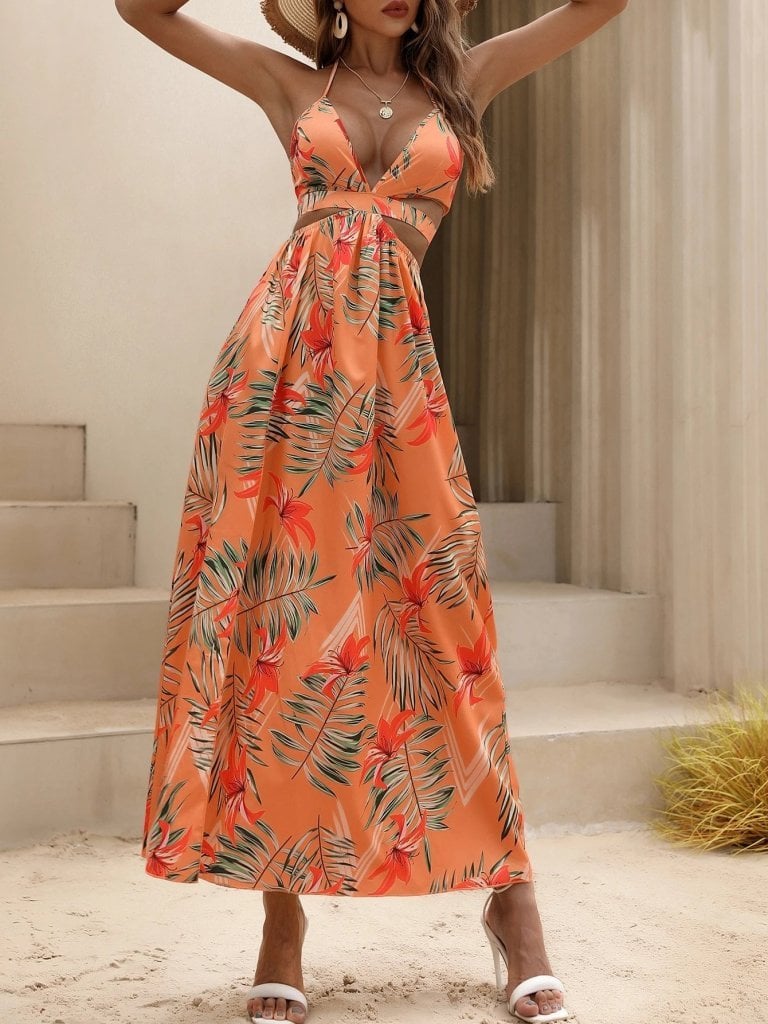 Women's Halter Neck V-Neck Slit Maxi Dress with Tropical Print - Janes - by Peralane - photo 2