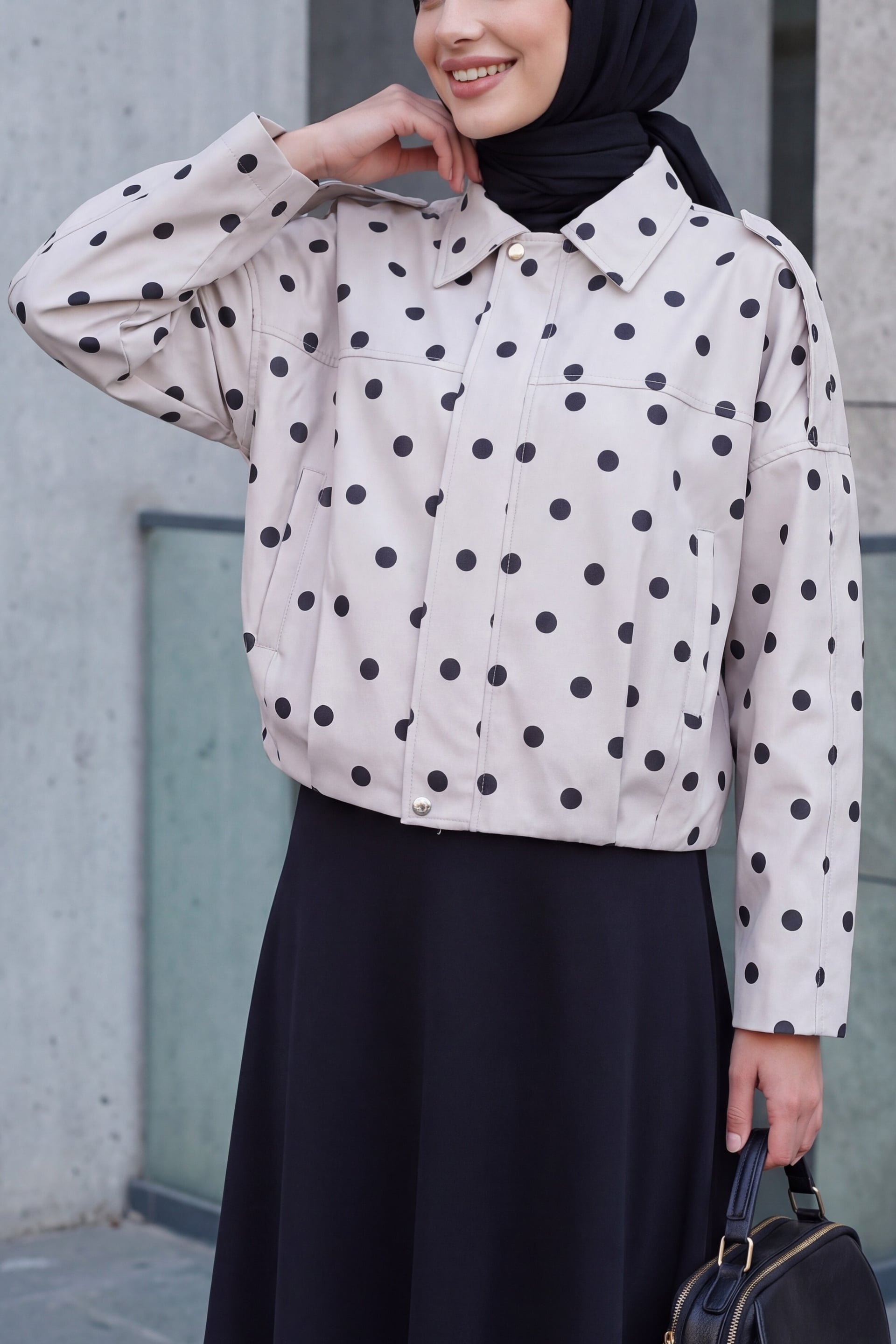 Women's Oversized Light Beige Polka Dot Faux Leather Jacket - Bigdart - by Peralane