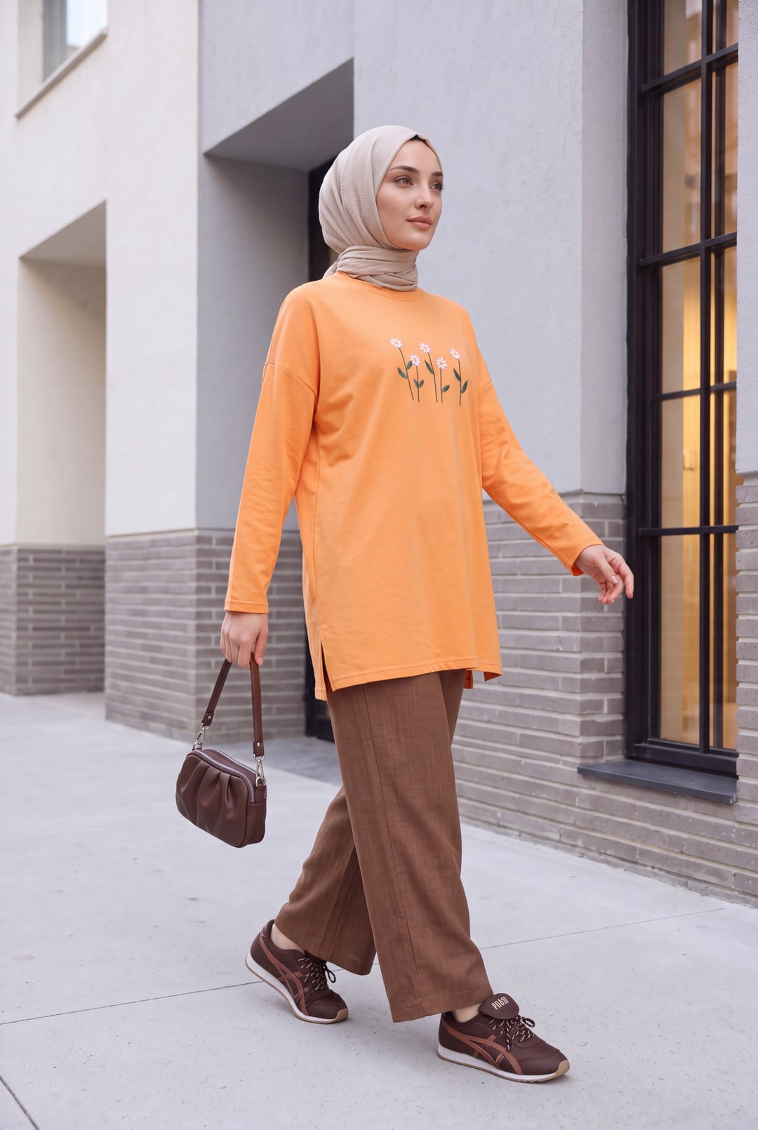 Orange Embroidered Daisy Round Neck Jersey Tunic - Podyumplus - by Peralane - photo 4