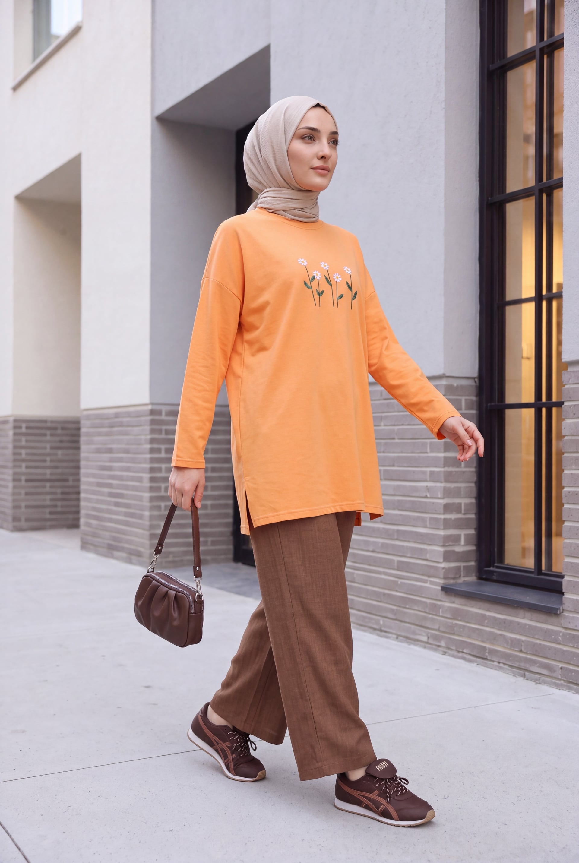 Orange Embroidered Daisy Round Neck Jersey Tunic - Podyumplus - by Peralane - photo 4