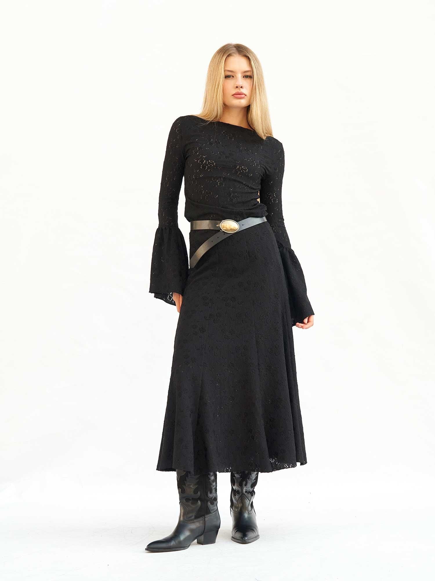 Black Lace Textured Blouse and Maxi Skirt Set with Belt - Lefon - by Peralane - photo 2