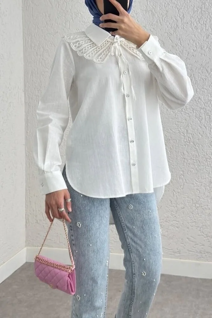Women's White Long-Sleeved Shirt with Scalloped Collar and Tie Detail - Podyumplus - by Peralane - photo 2