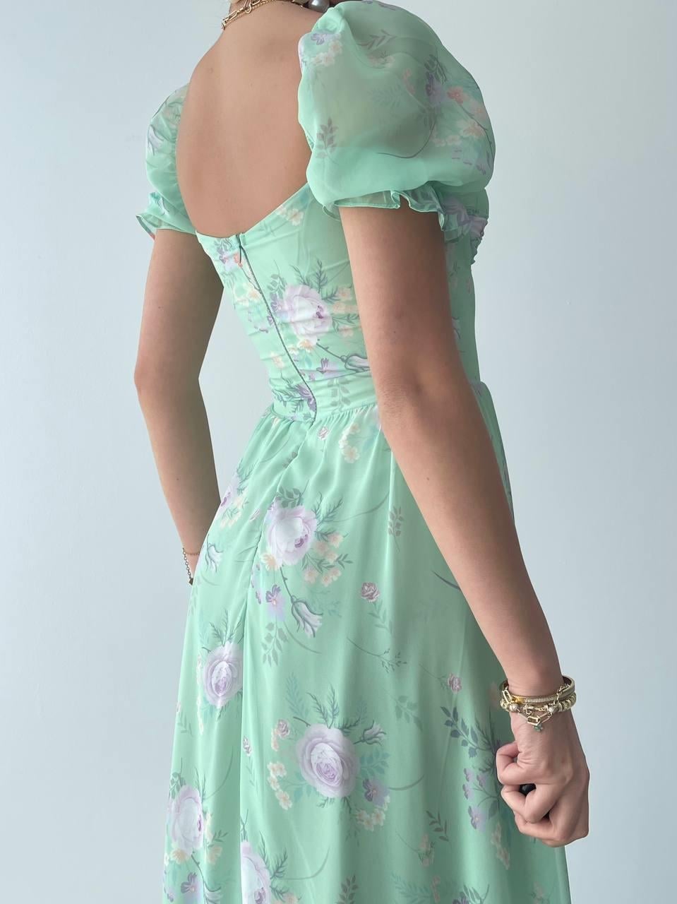 Light Green Floral Print Chiffon Dress with Sweetheart Neckline - Etika - by Peralane - photo 8