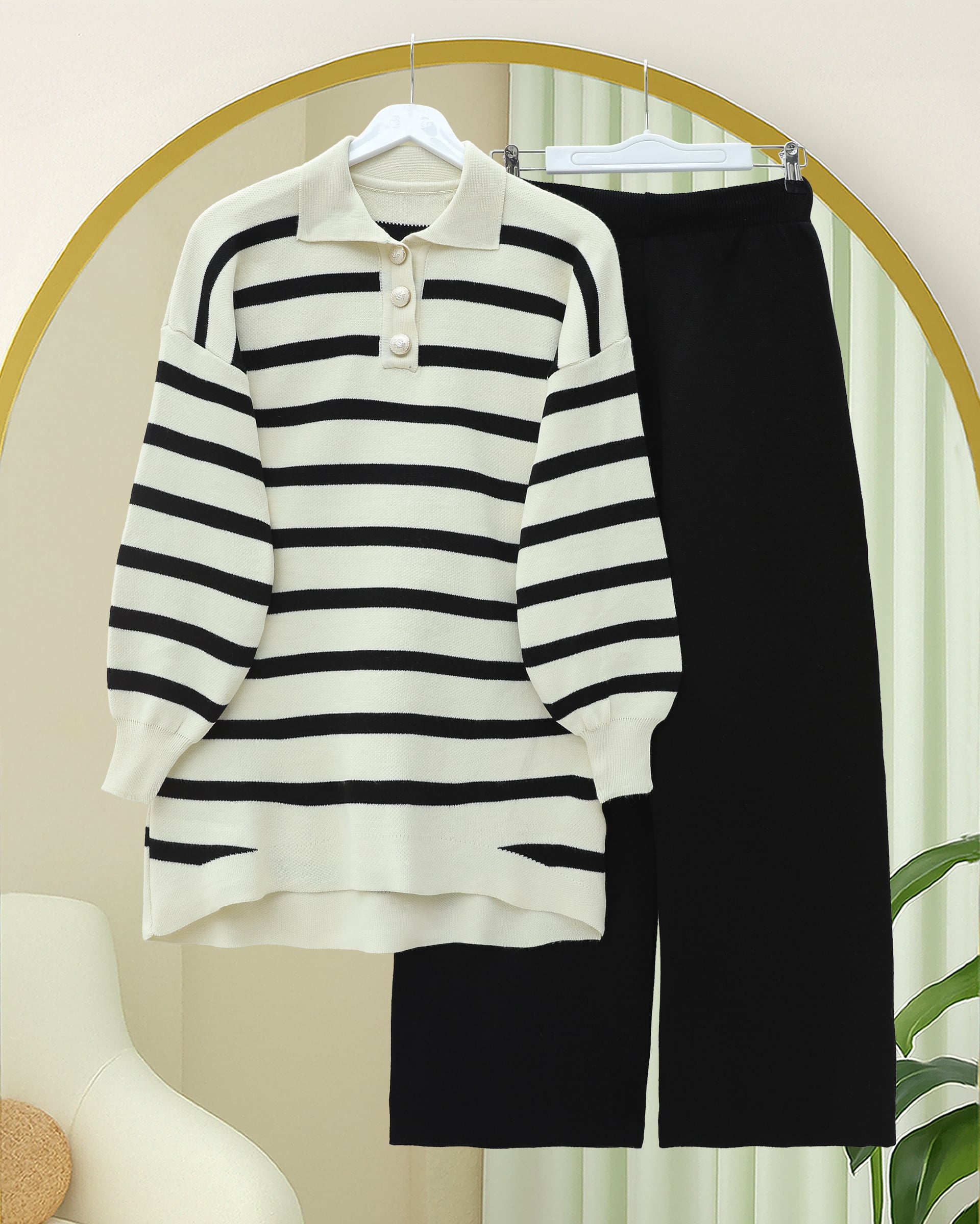 Polo Collar Buttoned Striped Knit Set - Black - Podyumplus - by Peralane - photo 3