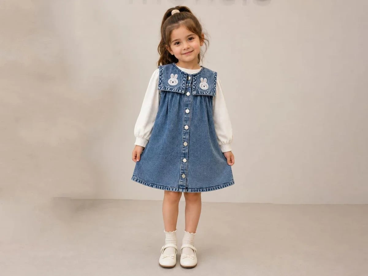 Girls' Denim Pinafore Dress Set with Bunny Embroidery - Mensis - by Peralane
