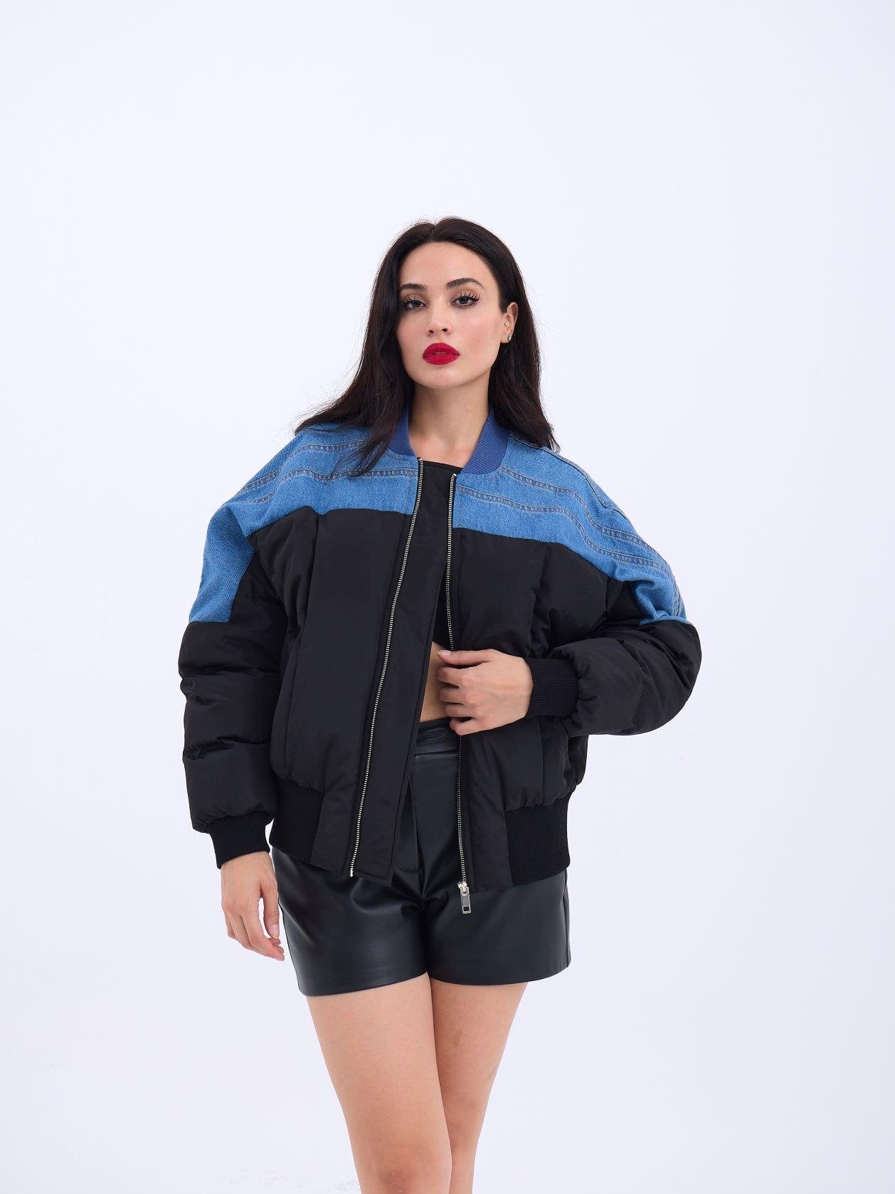 Black Puffer Bomber Jacket with Denim Shoulders - Fame - by Peralane - photo 3