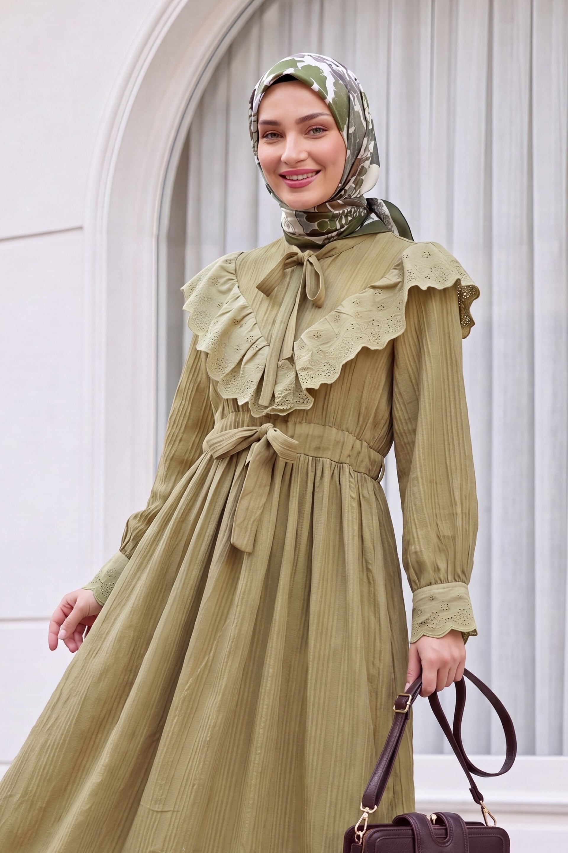 Tie-Neck Flounced Lined Crinkle Dress - Olive Green - Podyumplus - by Peralane - photo 5