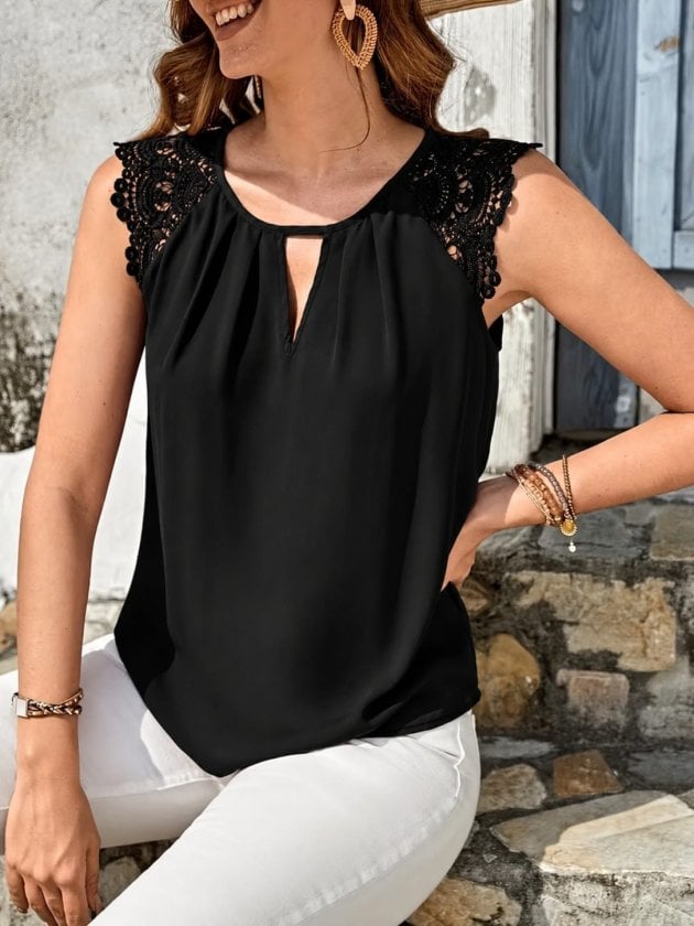Women's Sleeveless Black Keyhole Blouse with Lace Shoulders - Janes - by Peralane