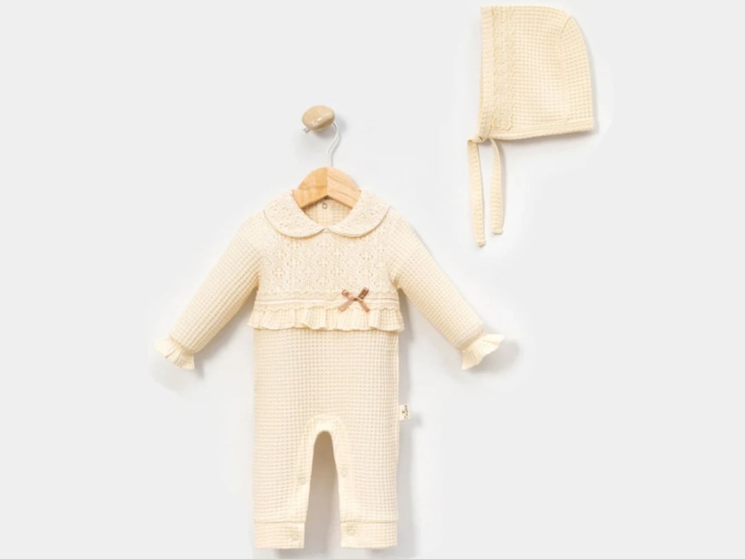 Cream Waffle Knit Baby Romper and Bonnet Set with Lace and Bow - Cayzen - by Peralane