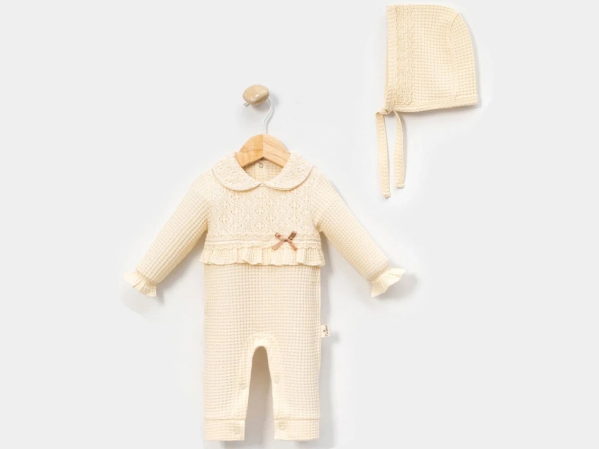 Cream Waffle Knit Baby Romper and Bonnet Set with Lace and Bow - Cayzen - by Peralane