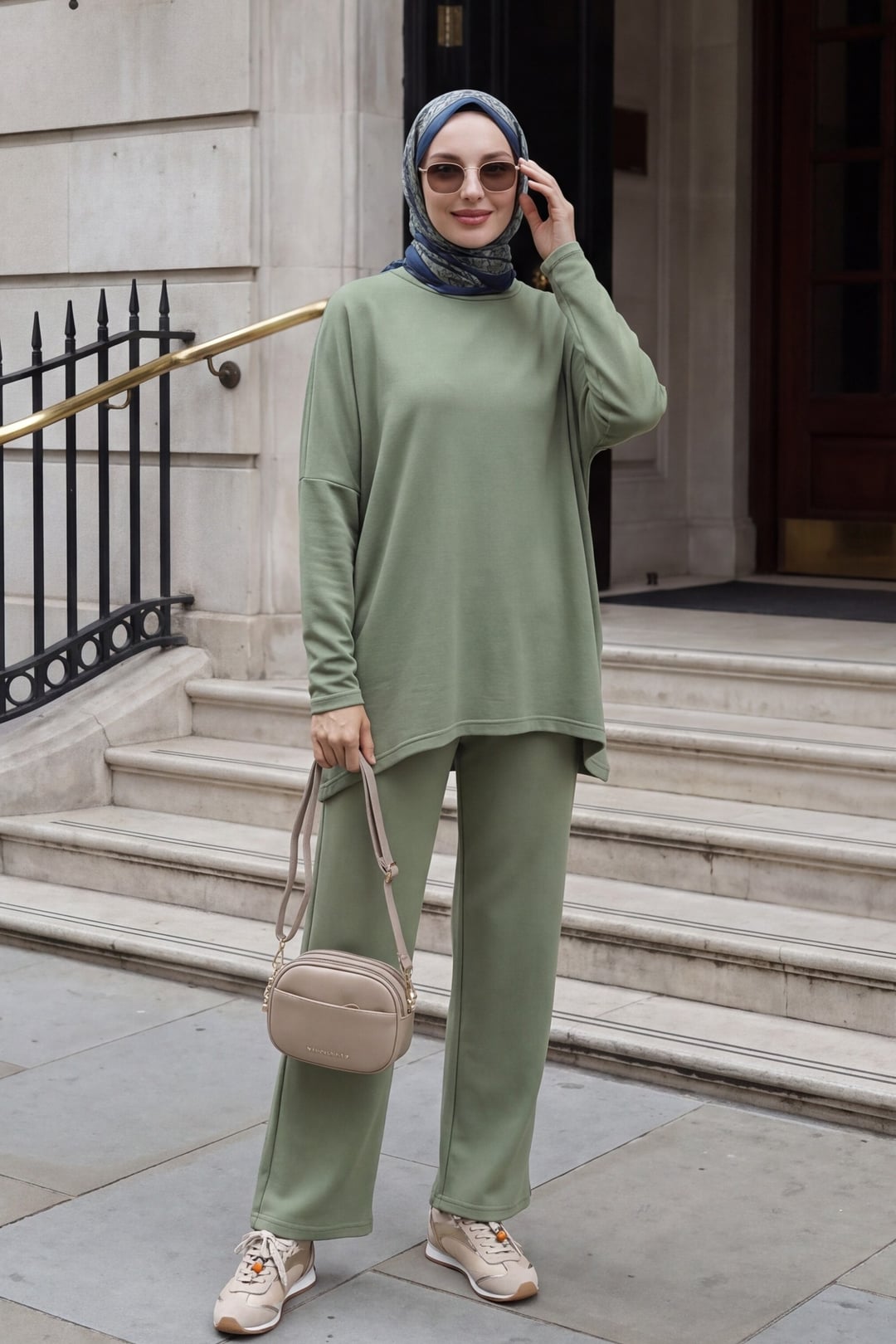Round Neck Back-Length Pocket Oversize Stretch Knit Two-Piece Set - Olive Green - Podyumplus - by Peralane - photo 2