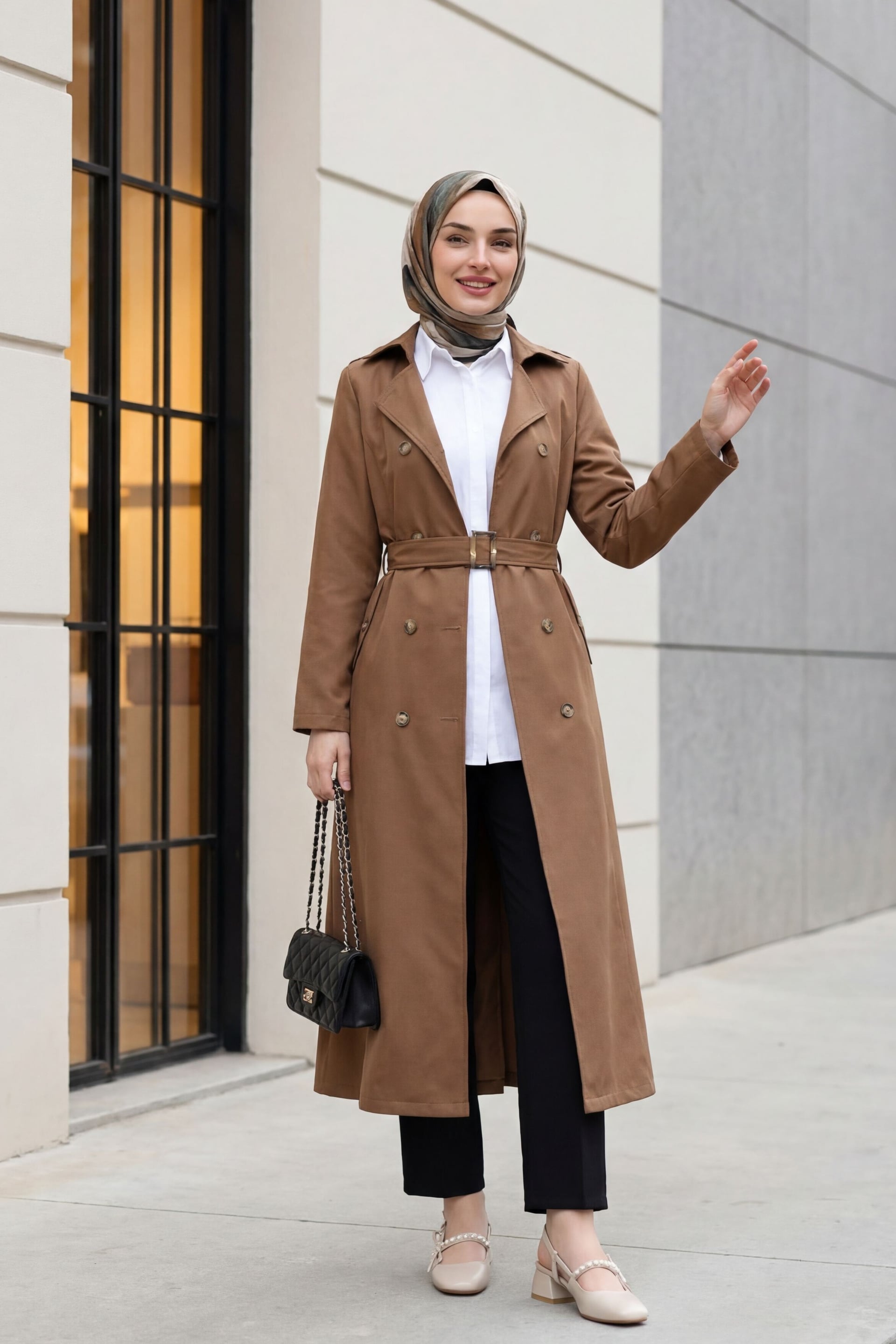 Women's Double-Breasted Belted Trench Coat in Brown - Podyumplus - by Peralane - photo 3