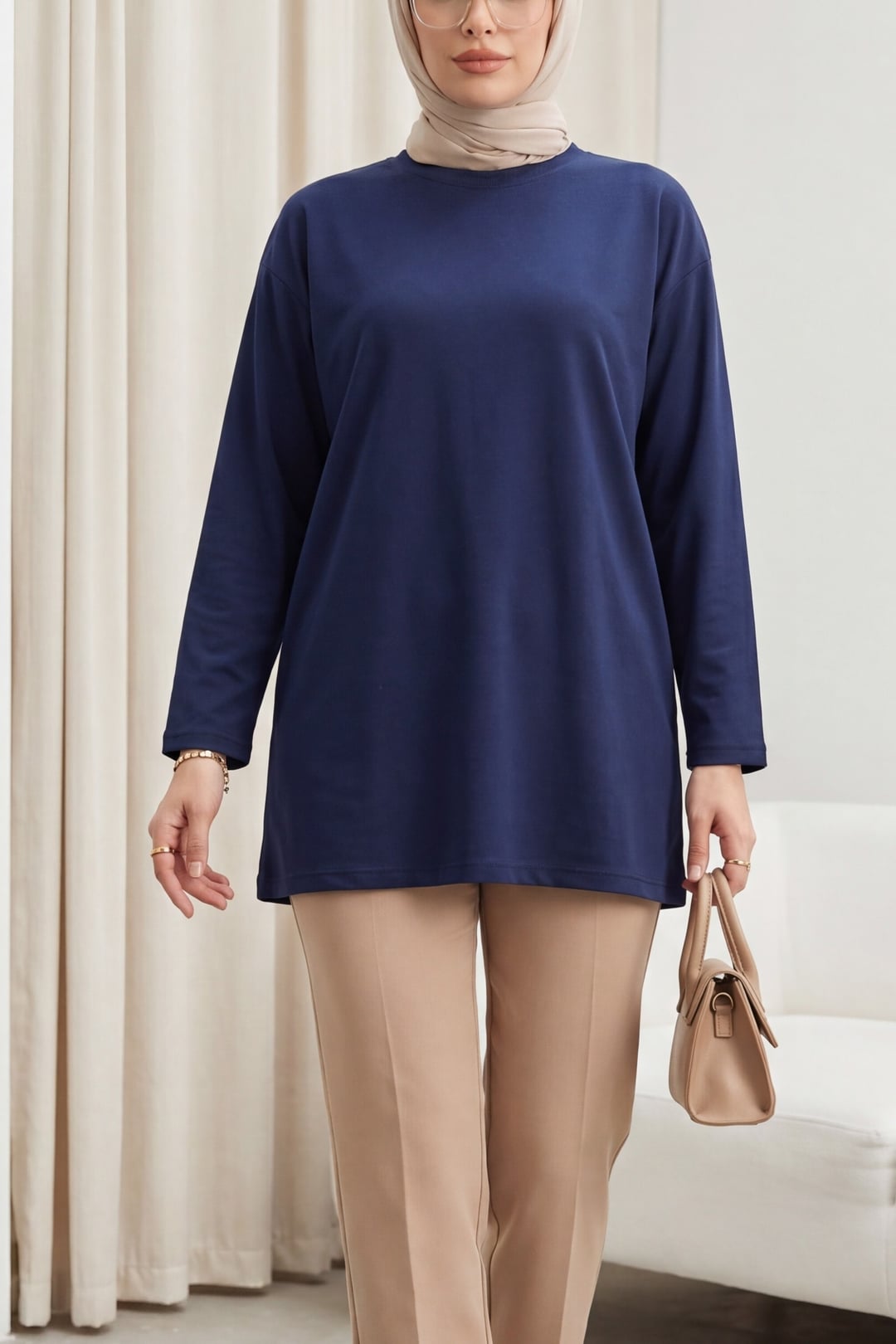 Round Neck Relaxed Jersey Tunic - Dark Navy - Podyumplus - by Peralane - photo 4
