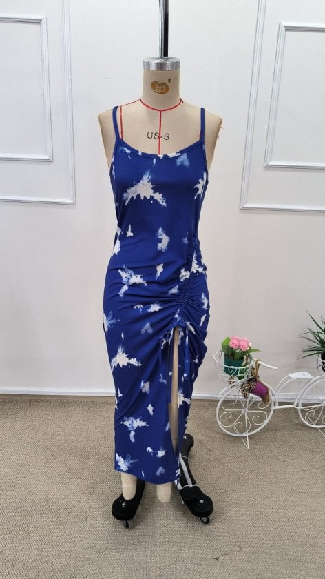 Women's Spaghetti Strap Round Neck Patterned Side Ruched Midi Suprem Dress - Janes - by Peralane - photo 5
