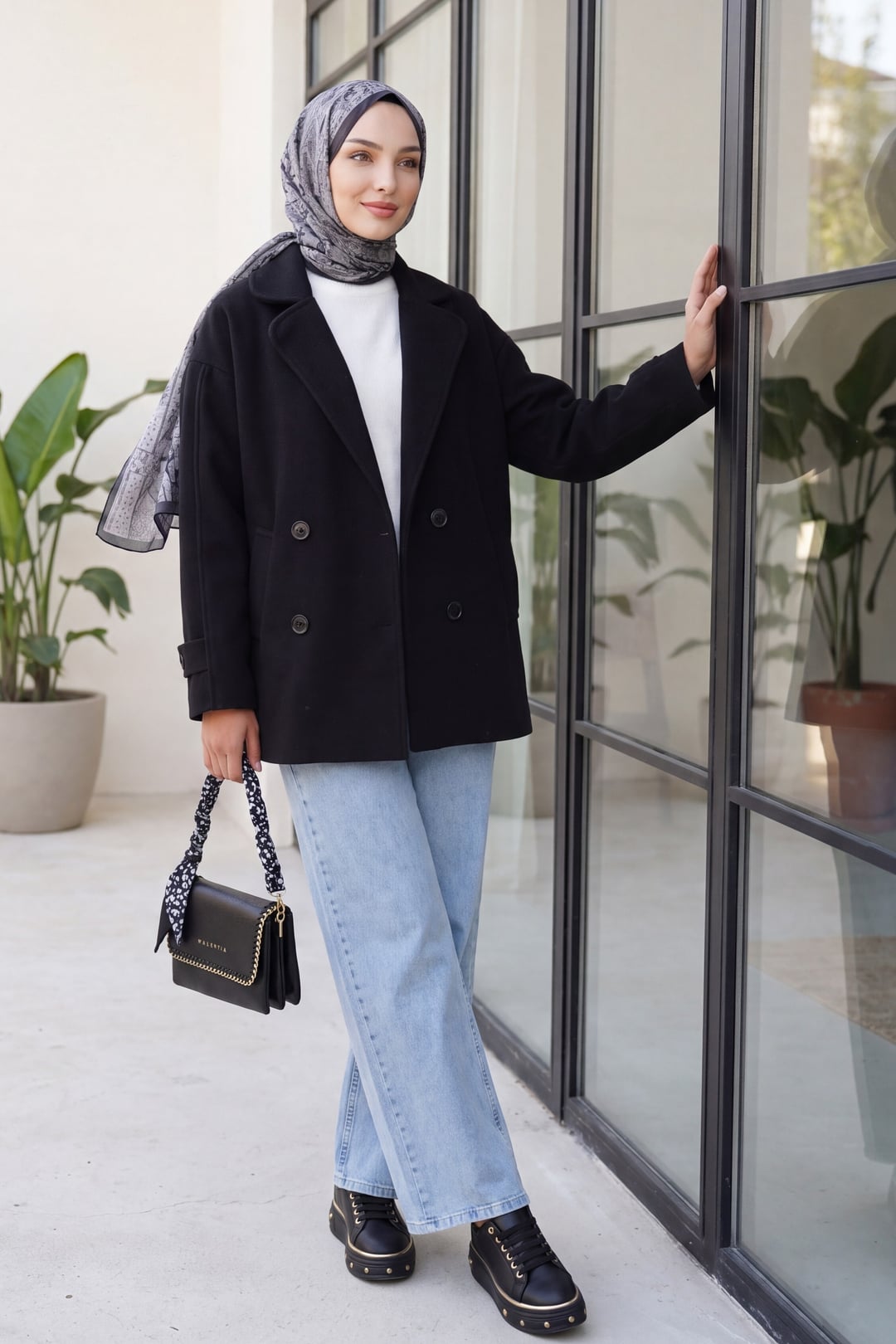 Women's Double-Breasted Notched Lapel Wool-Blend Coat - Black - Bigdart - by Peralane - photo 3