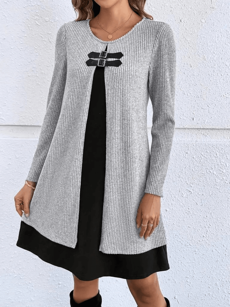 Women's Two-Piece Knit Dress Set with Buckle Overlay - Janes - by Peralane