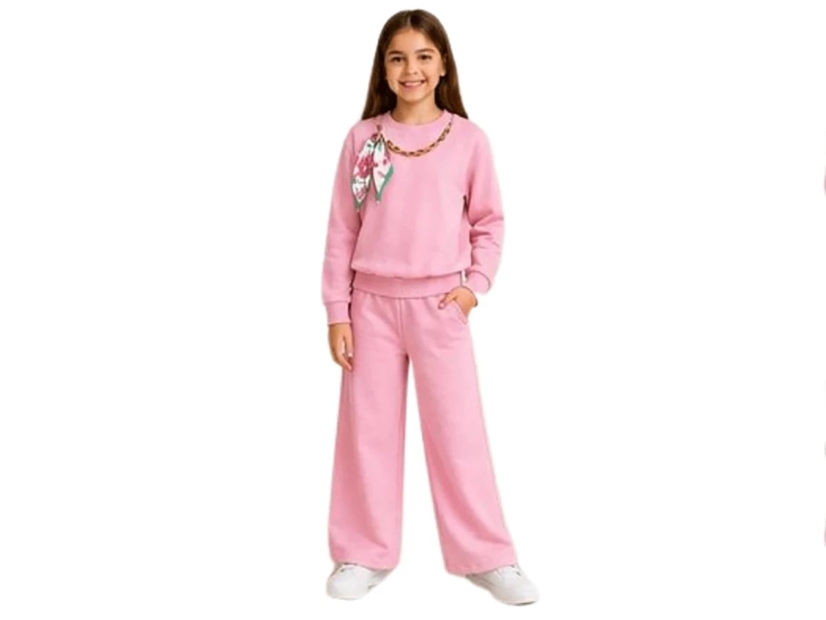 Girls' Sweatshirt and Wide-Leg Trousers Set with Scarf Motif – Pale Pink - Miss Melinda - by Peralane