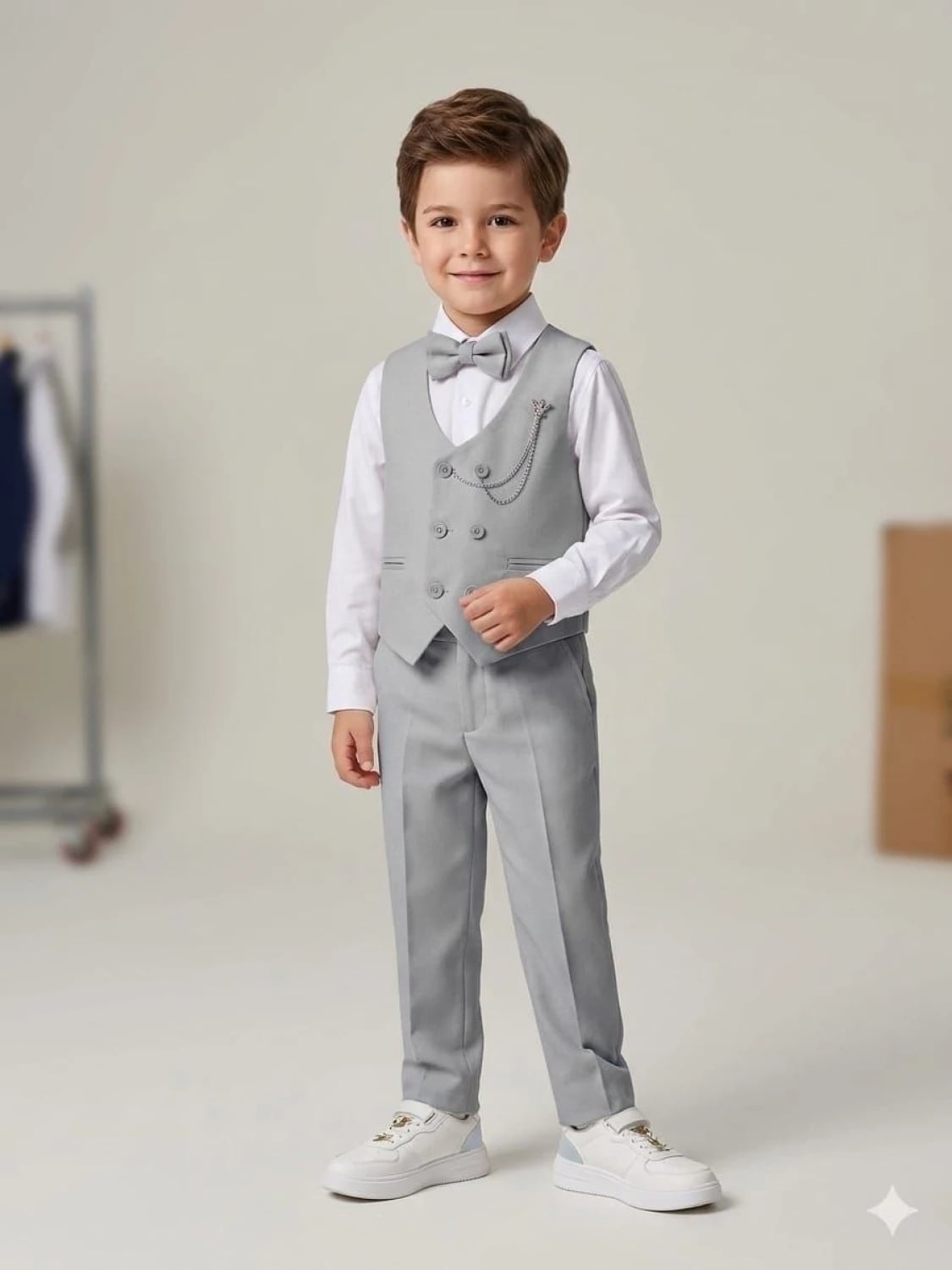 Boys' Formal Suit Set with Waistcoat and Bow Tie - Grey - 4 Pieces - Terry - by Peralane