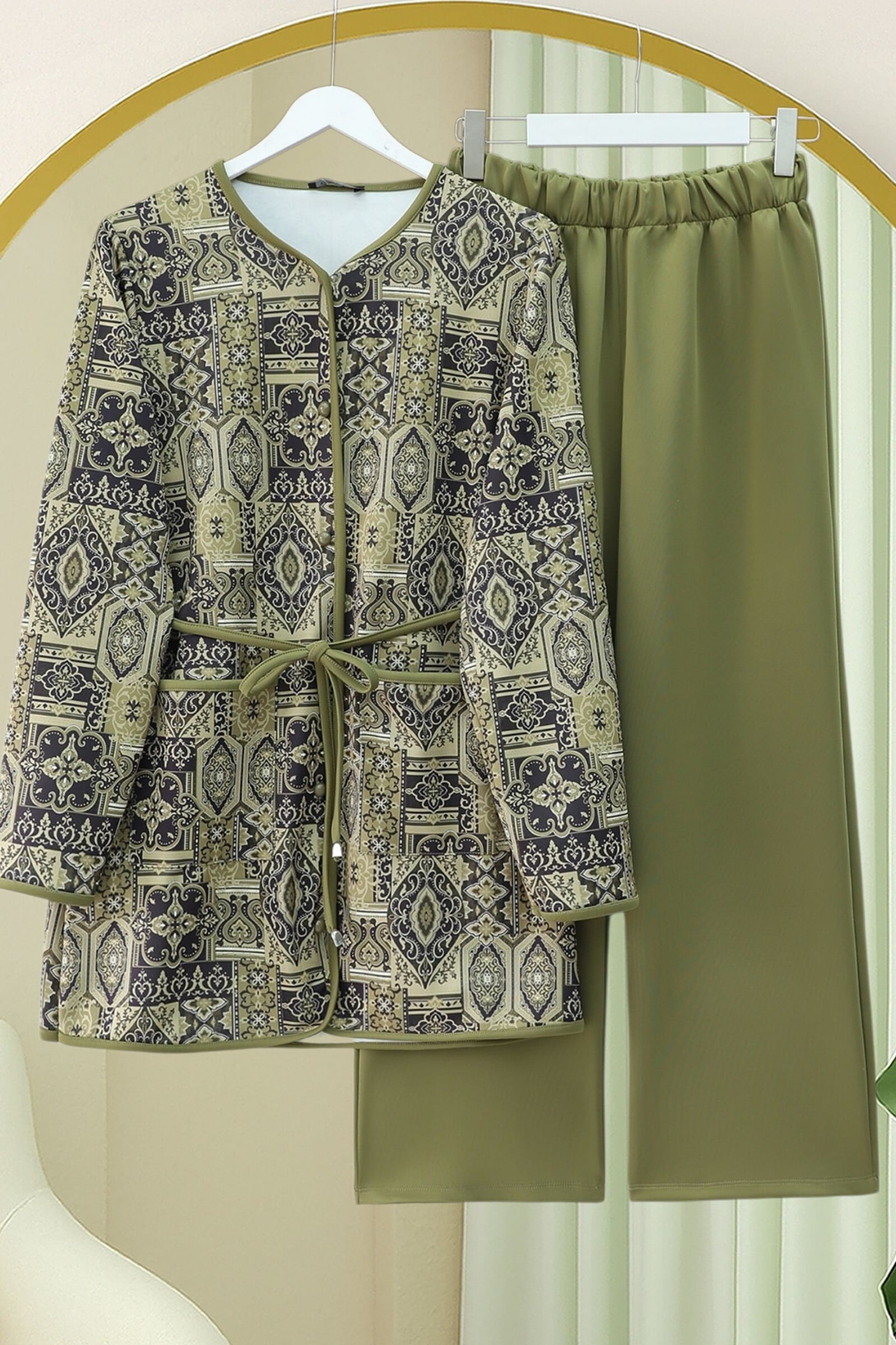 Belted Double Pocket Patterned Scuba Set - Olive Green - Podyumplus - by Peralane - photo 3