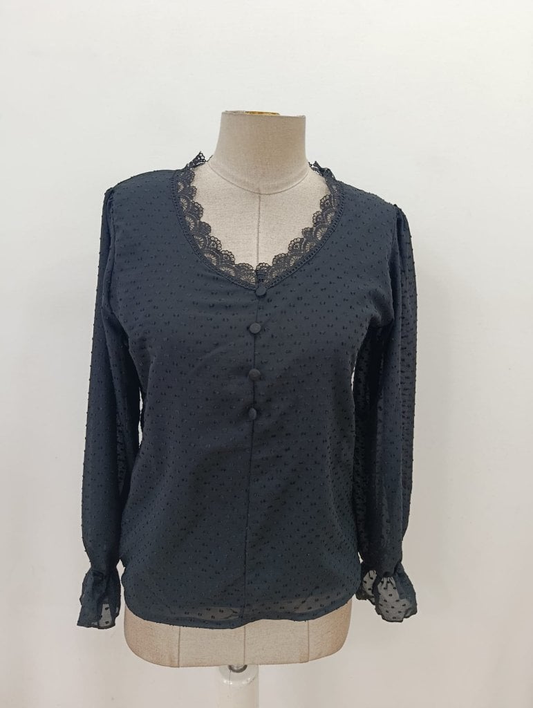 Women's Long Sleeve V-Neck Button-Front Blouse with Lace Trim - Janes - by Peralane - photo 5