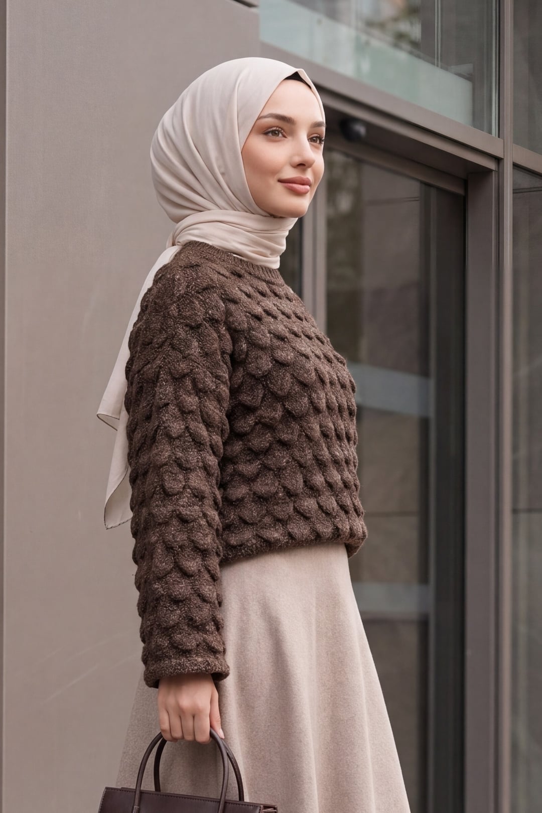 Crew Neck Fish Scale Pattern Oversized Knit Sweater - Brown - Podyumplus - by Peralane - photo 2