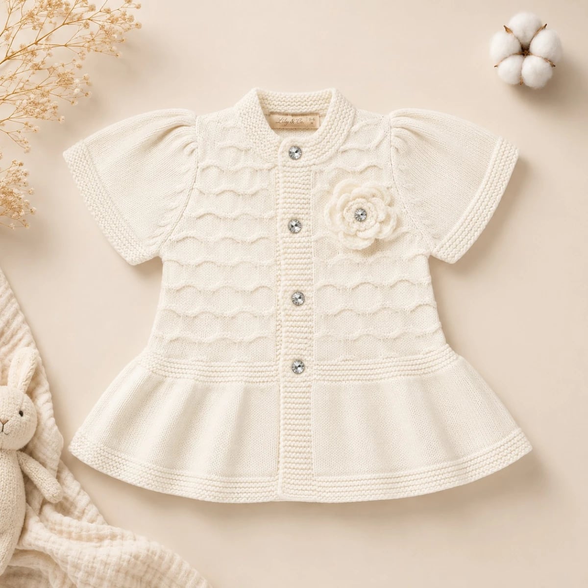 Knitted Baby Dress with Ruffled Skirt - Ecru - Has Bereket - by Peralane