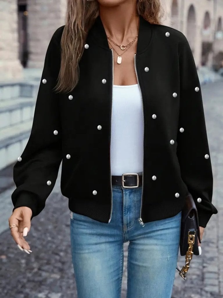 Women's Black Pearl Embellished Zip-Front Bomber Jacket - Janes - by Peralane - photo 2