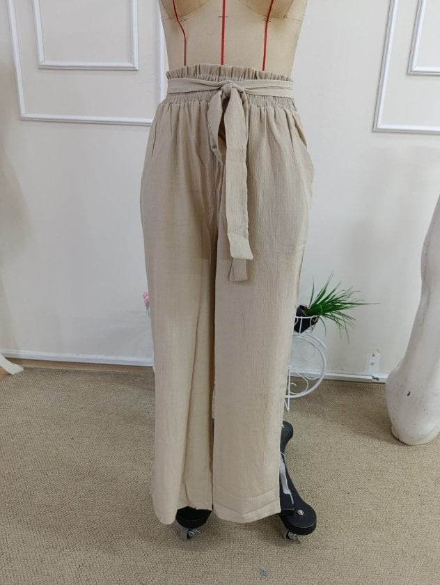 Women's High Waist Elasticated Paperbag Wide-Leg Crinkle Trousers - Beige - Janes - by Peralane - photo 4