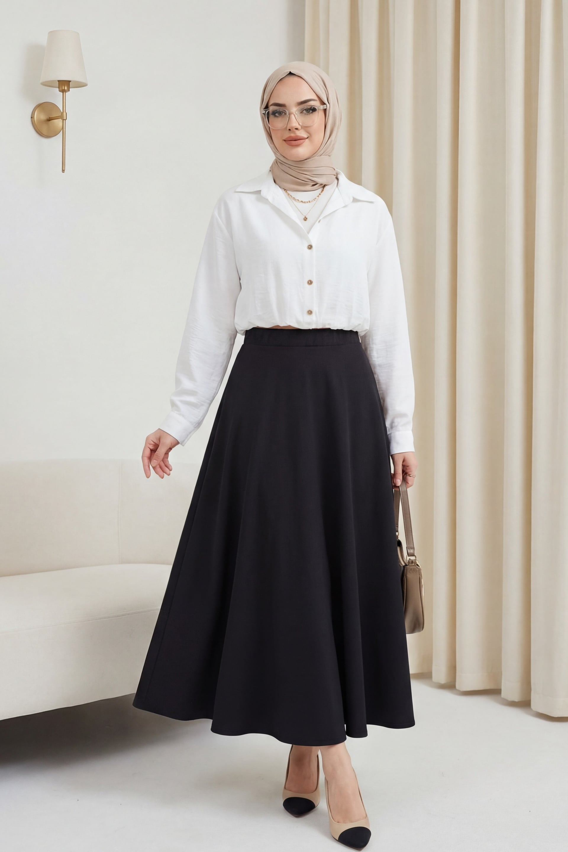 Black Elasticated Waist Flared Crepe Skirt - Podyumplus - by Peralane - photo 7