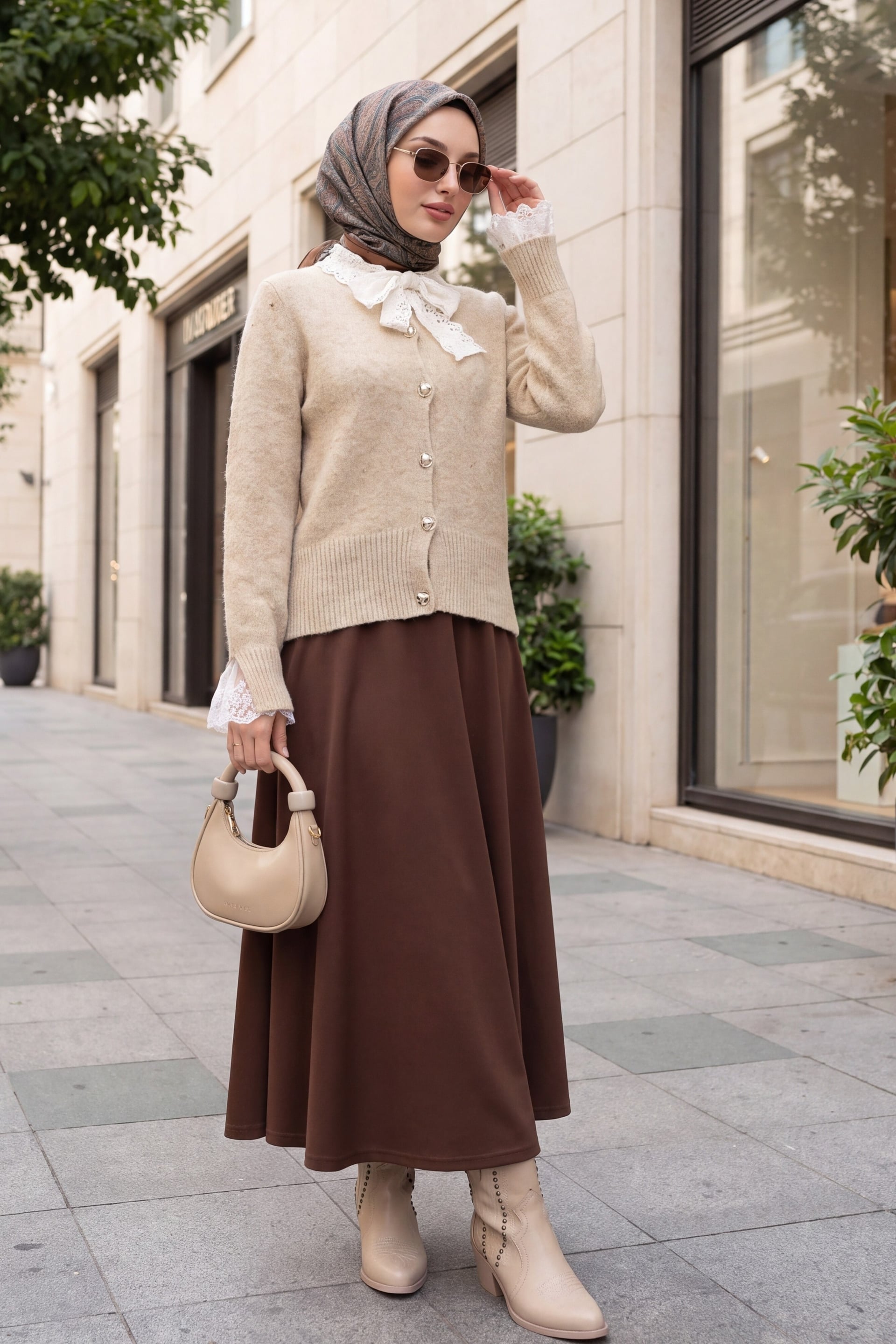 Beige Knit Cardigan with Scarf Tie Neckline and Tulle Details - Podyumplus - by Peralane - photo 2