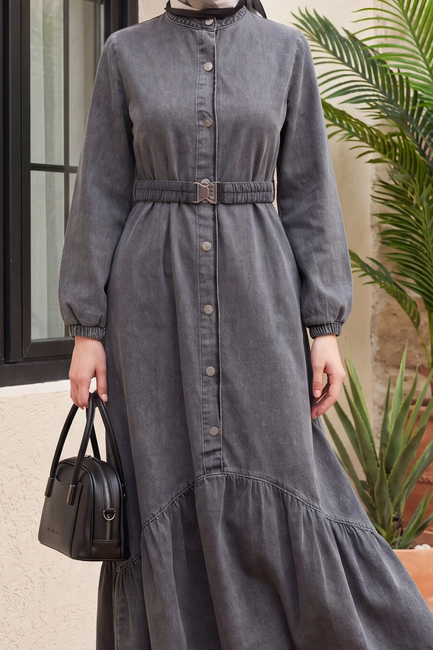 Long Denim Dress with Button Front and Elastic Belt - Smoky Grey - Podyumplus - by Peralane - photo 4