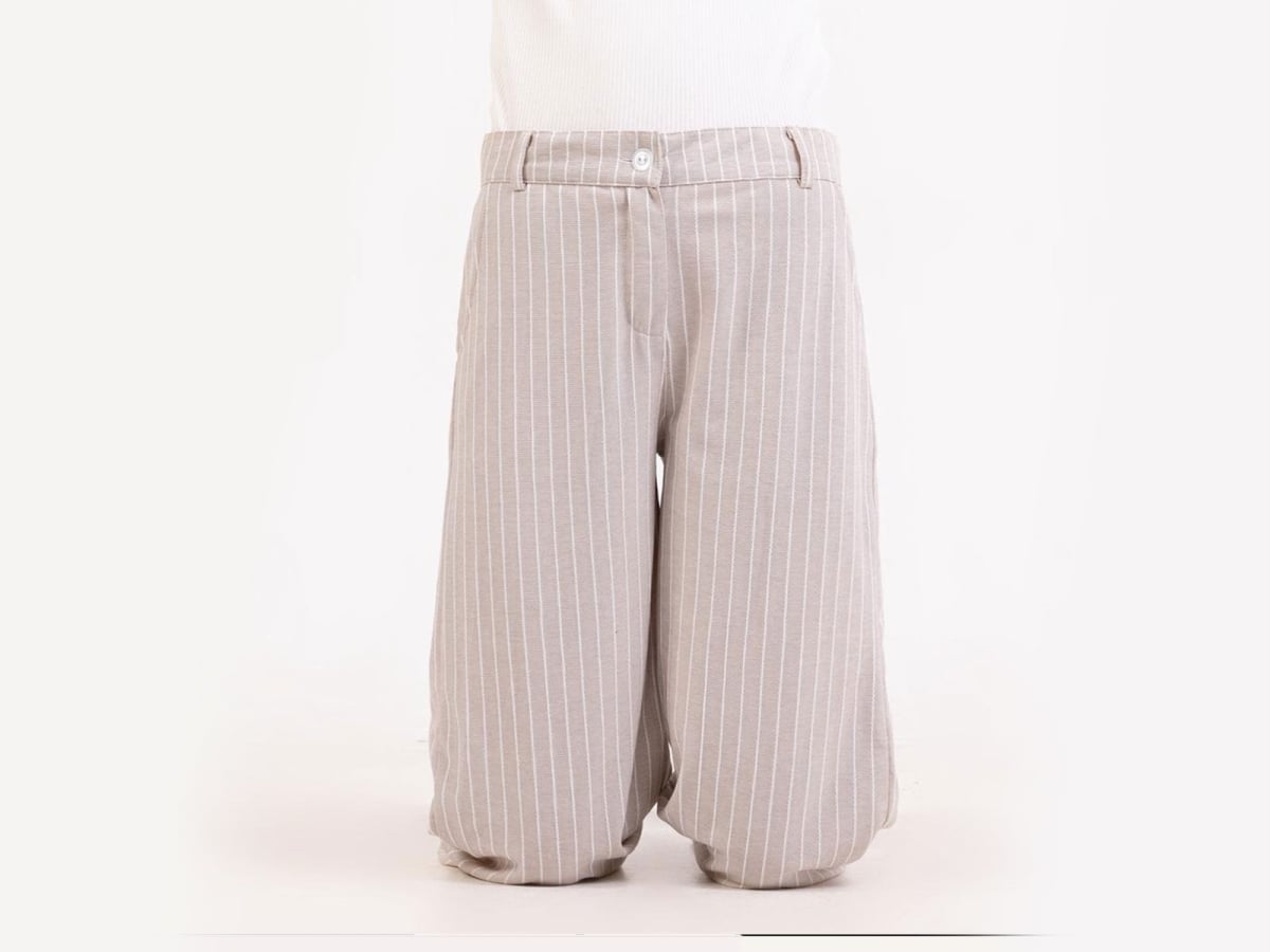 Striped Girls' Trousers - Light Beige with White Pinstripes - Nickel - by Peralane