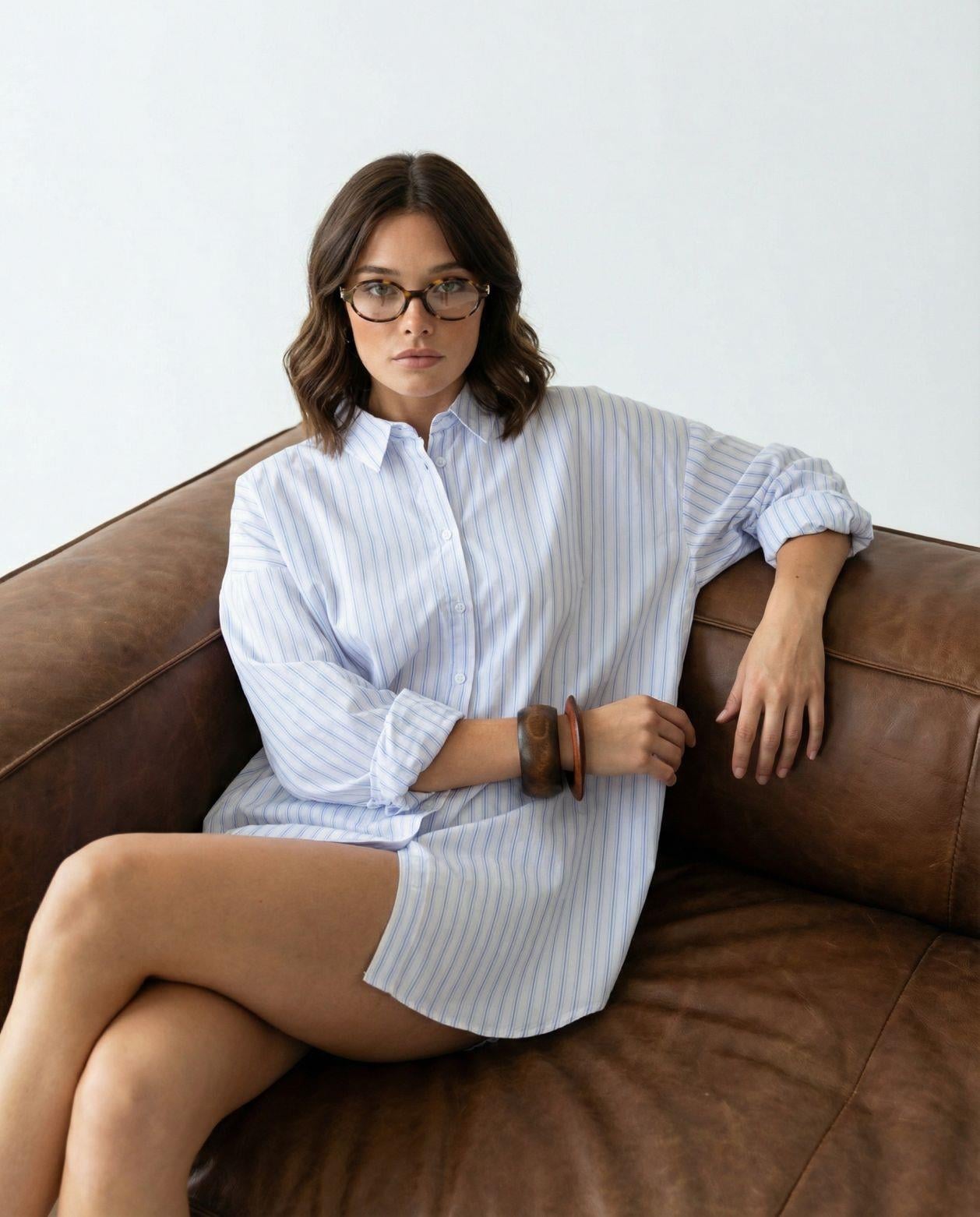 Women's Striped Cotton-Blend Shirt with Classic Collar - Fame - by Peralane - photo 2