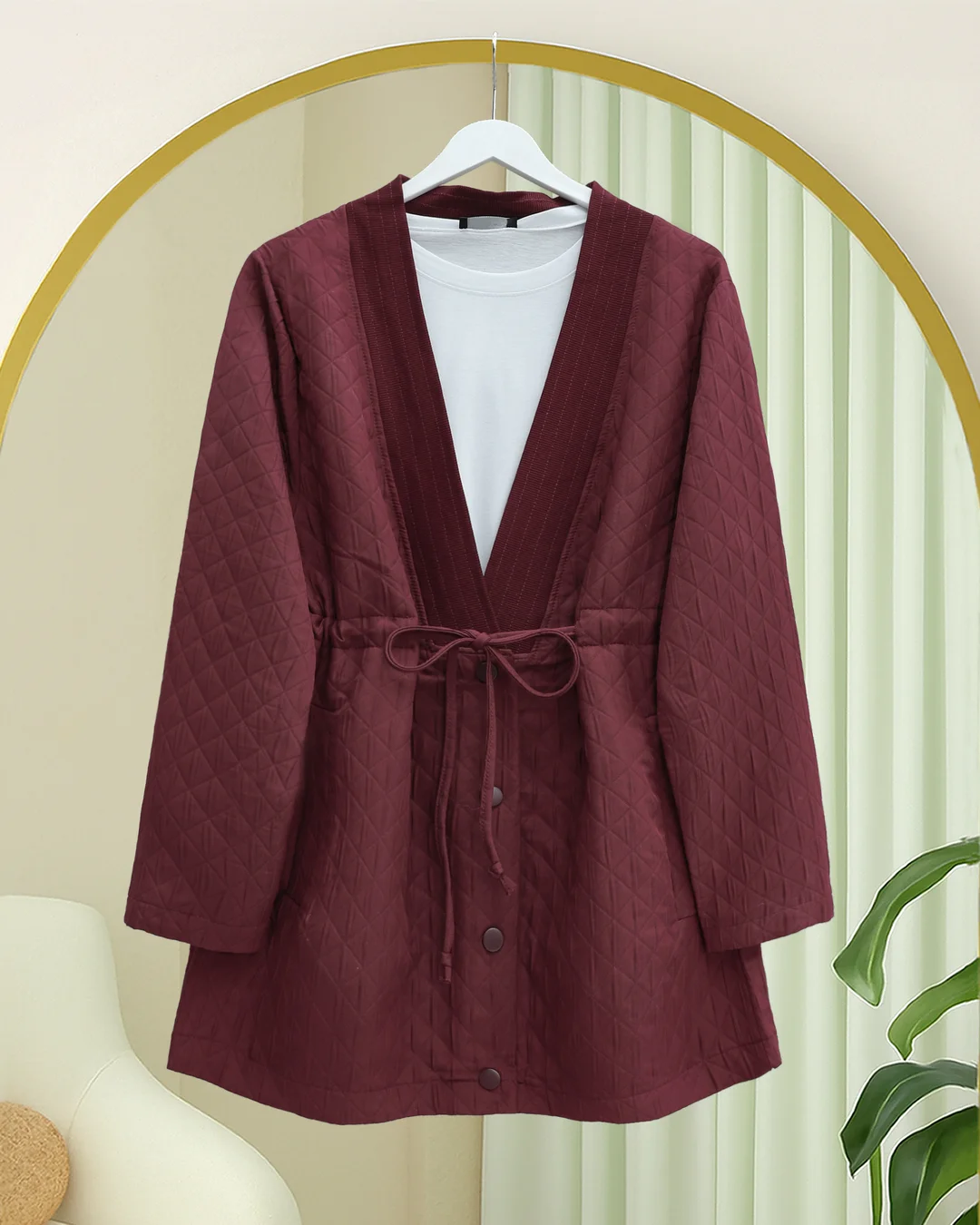 V-Neck Quilted Jacket with Drawstring Waist and Pockets - Maroon - Podyumplus - by Peralane - photo 3