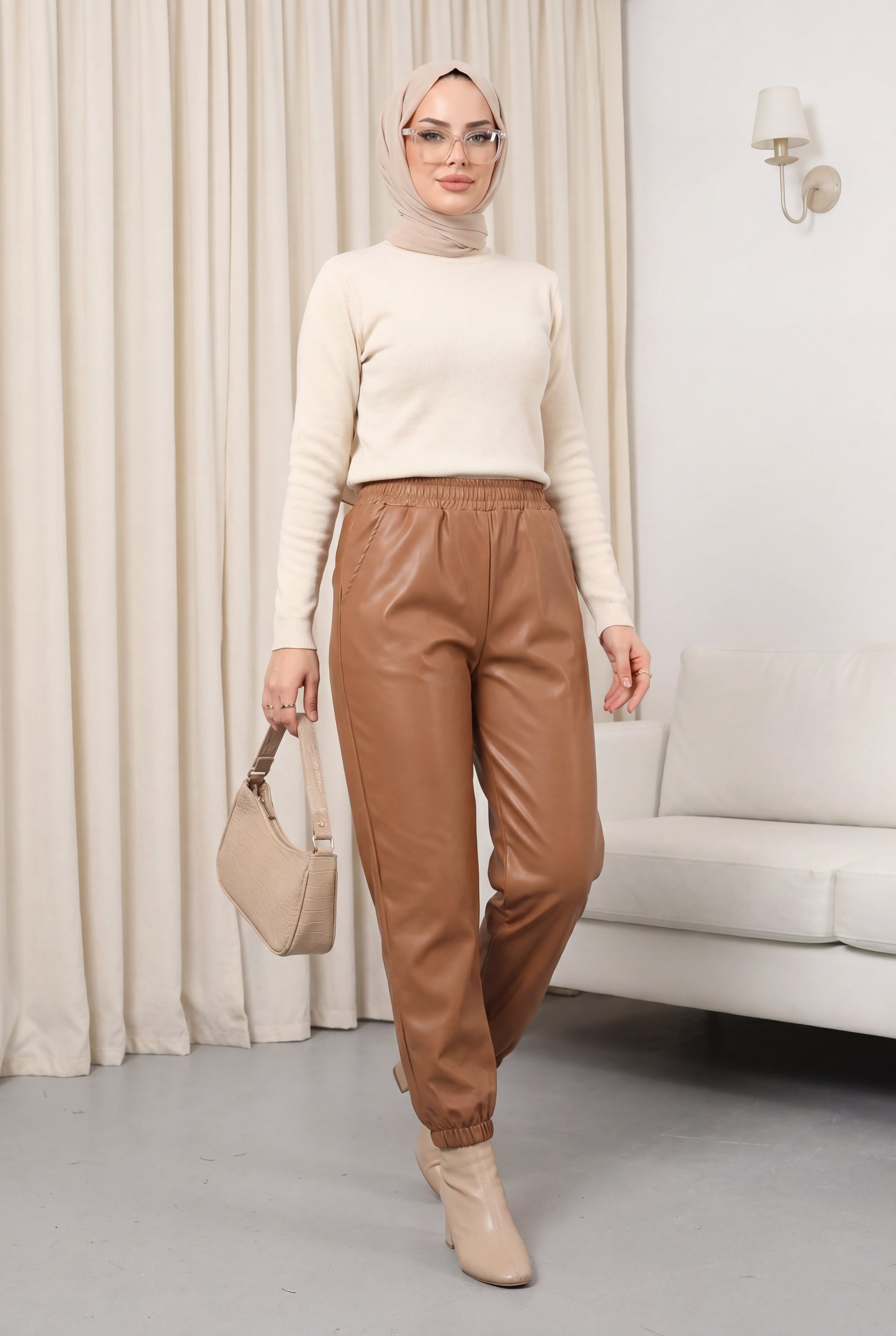 Elasticated Waist and Cuffed Ankle Faux Leather Trousers - Tan - Podyumplus - by Peralane - photo 3