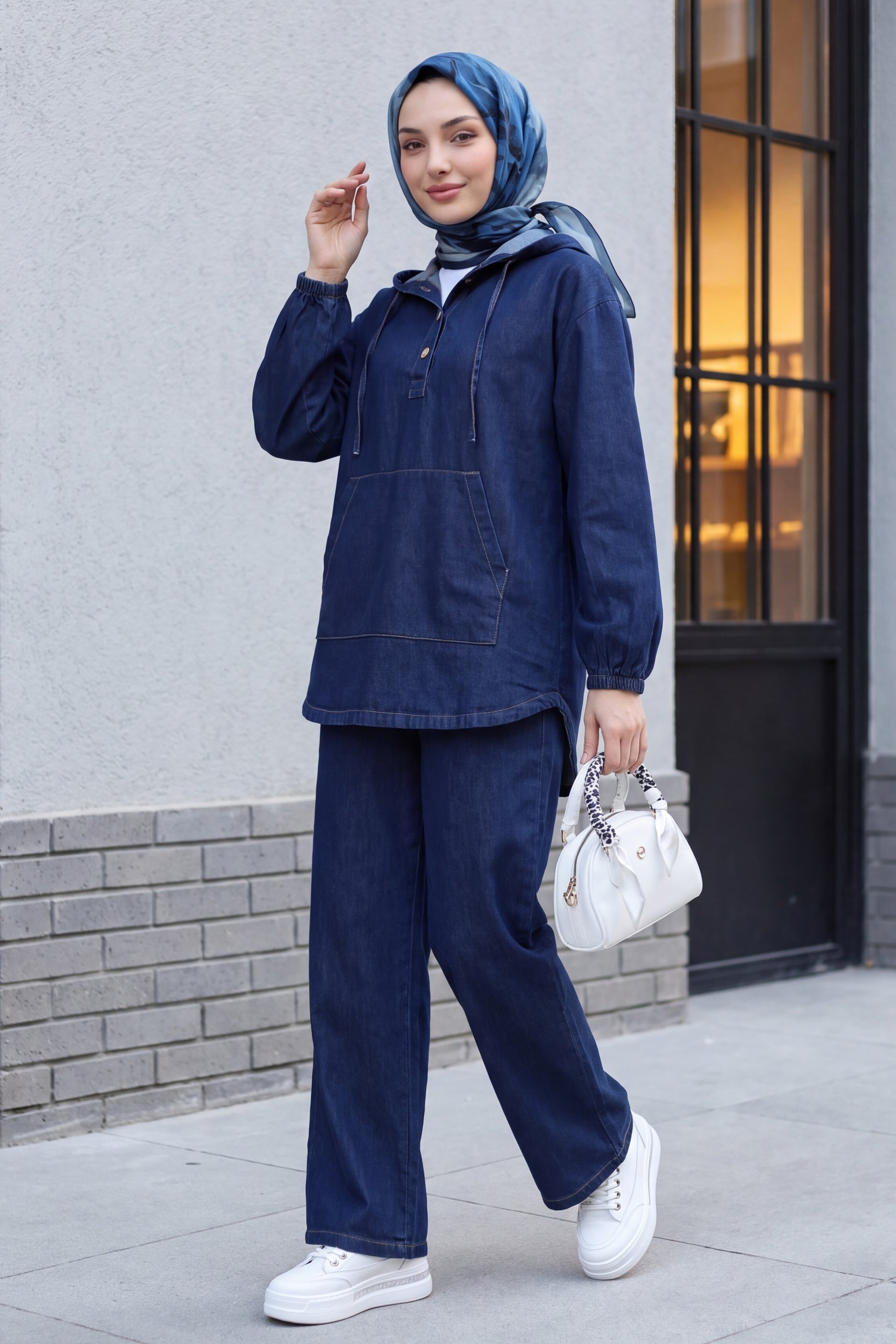 Hooded Half-Button Kangaroo Pocket Denim Set - Dark Navy - Podyumplus - by Peralane - photo 2