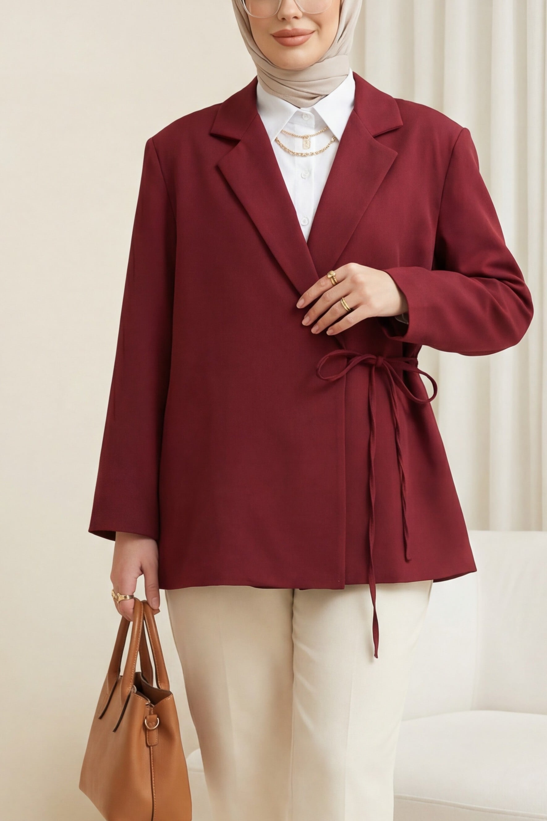 Side Lace-Up Back Slit Lined Double Crepe Blazer - Burgundy - Podyumplus - by Peralane - photo 6