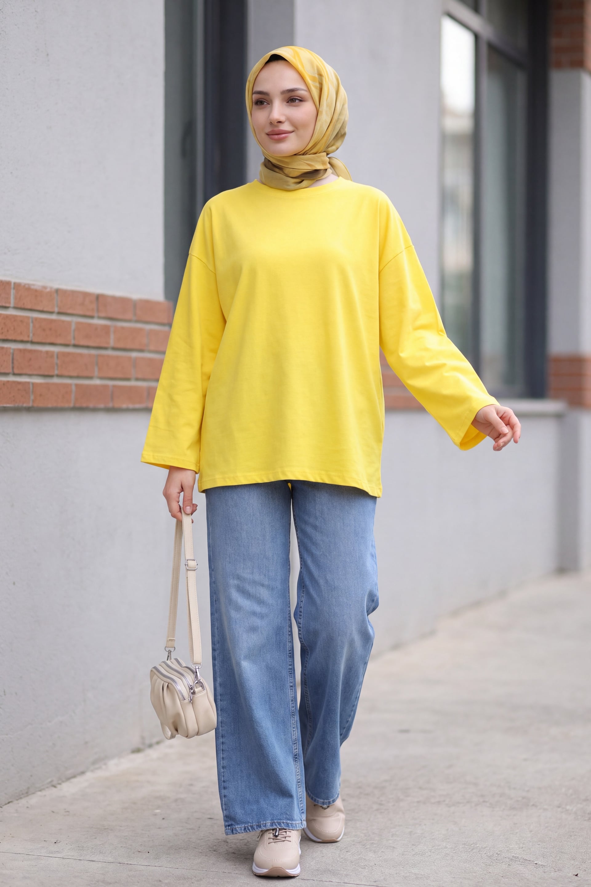 Round Neck Relaxed Fit Jersey Tunic - Yellow - Podyumplus - by Peralane - photo 8