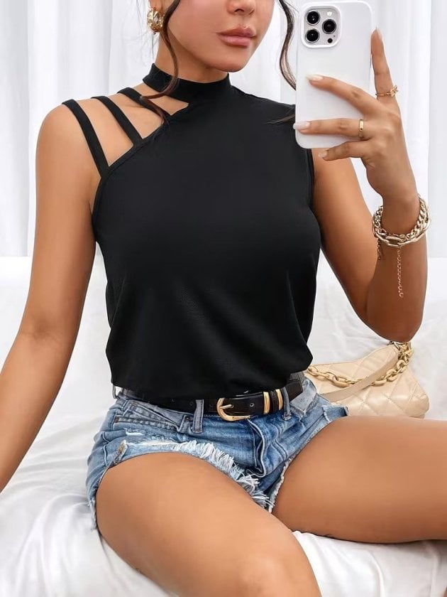 Women's Sleeveless Mock Neck Ribbed Knit Top with Shoulder Strap Detail - Janes - by Peralane