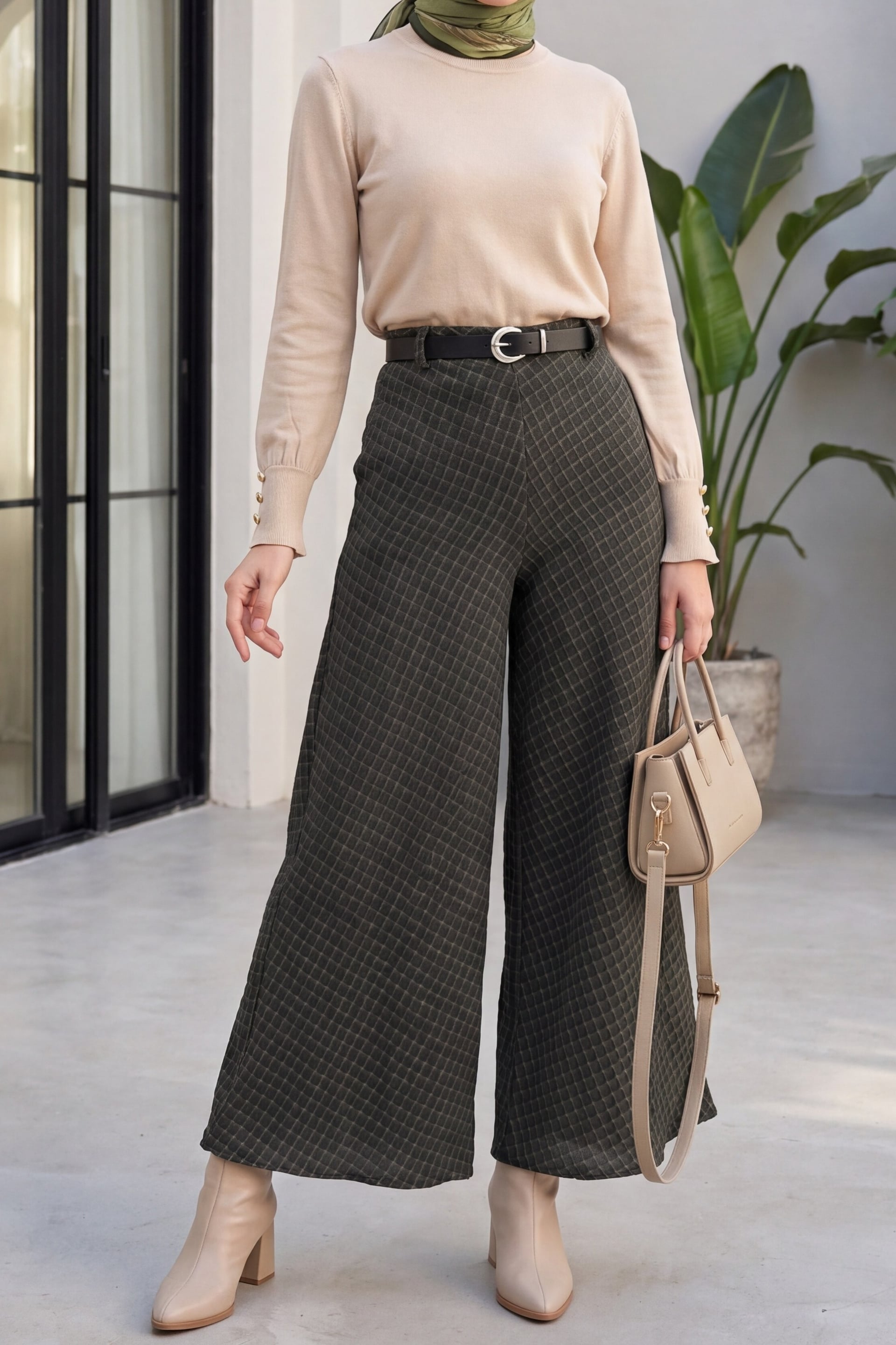 High-Waist Wide-Leg Plaid Trousers with Belt - Khaki - Podyumplus - by Peralane - photo 2