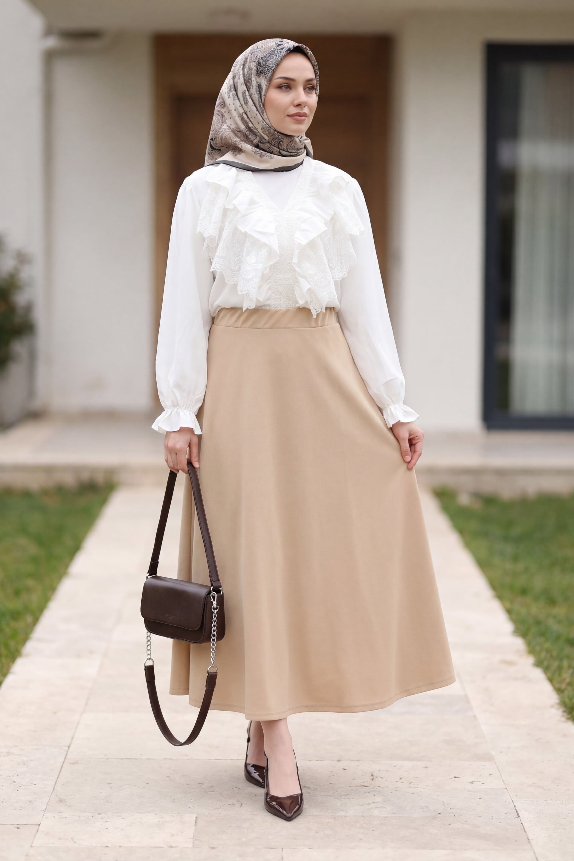 V-Neck Lace Trim Flutter Sleeve Elastic Cuff Imported Linen Look Blouse - Ecru - Podyumplus - by Peralane - photo 2