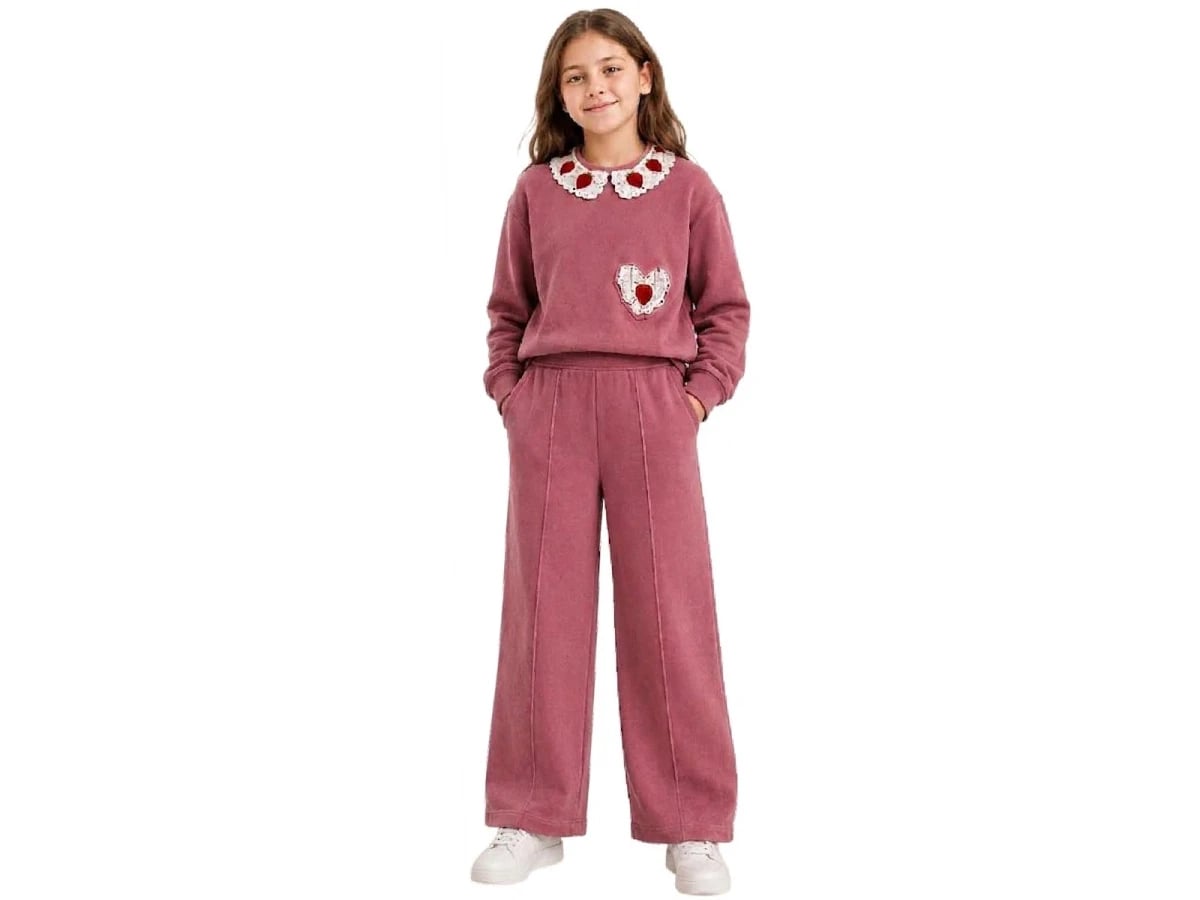 Girls' Strawberry Pattern Lace Embroidered 3-Ply Brushed Sweatshirt and Trousers Set in Cherry Red - Bittos Kids - by Peralane