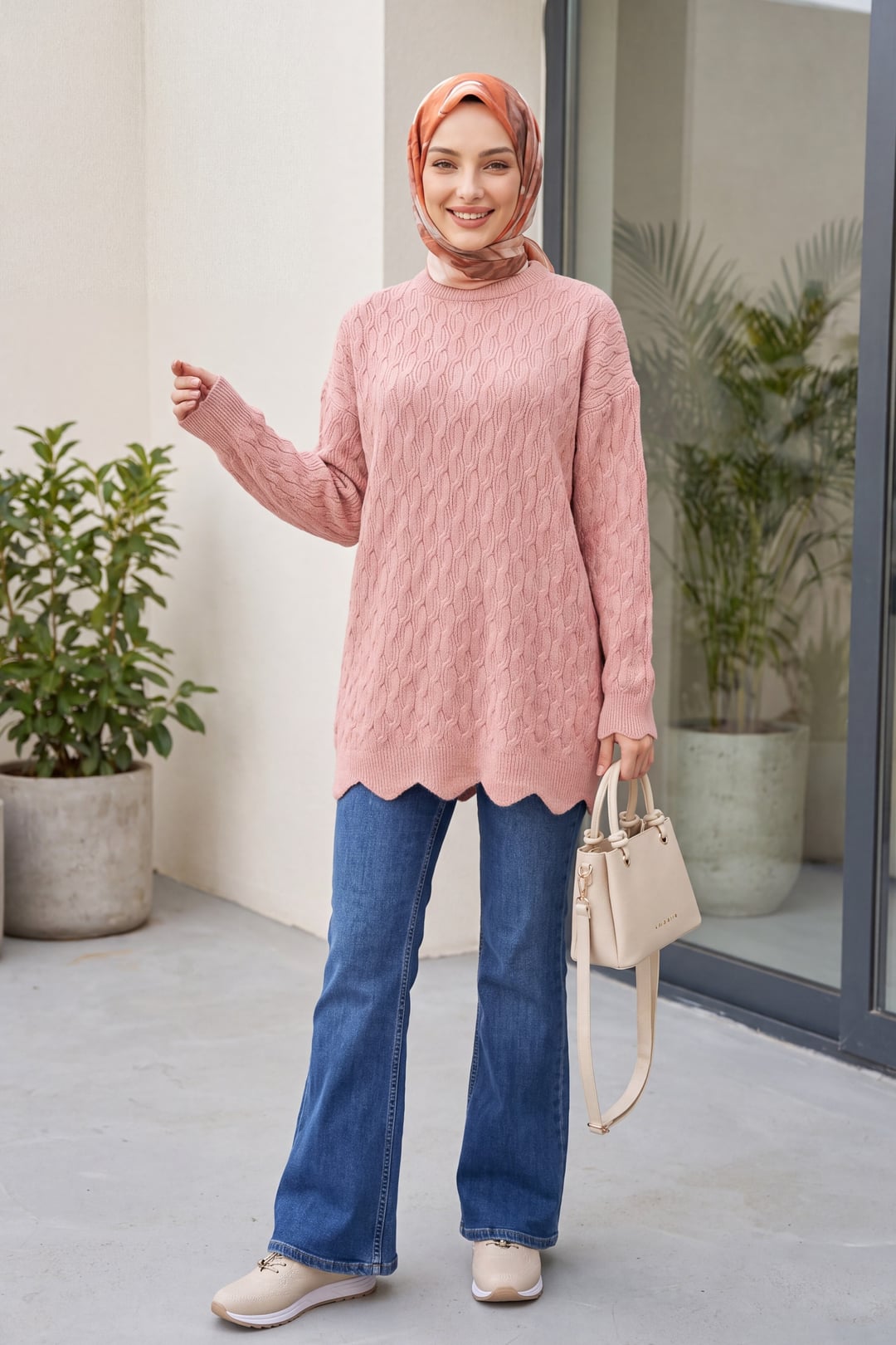 Chain Patterned Crew Neck Relaxed Knit Tunic - Powder - Podyumplus - by Peralane - photo 4