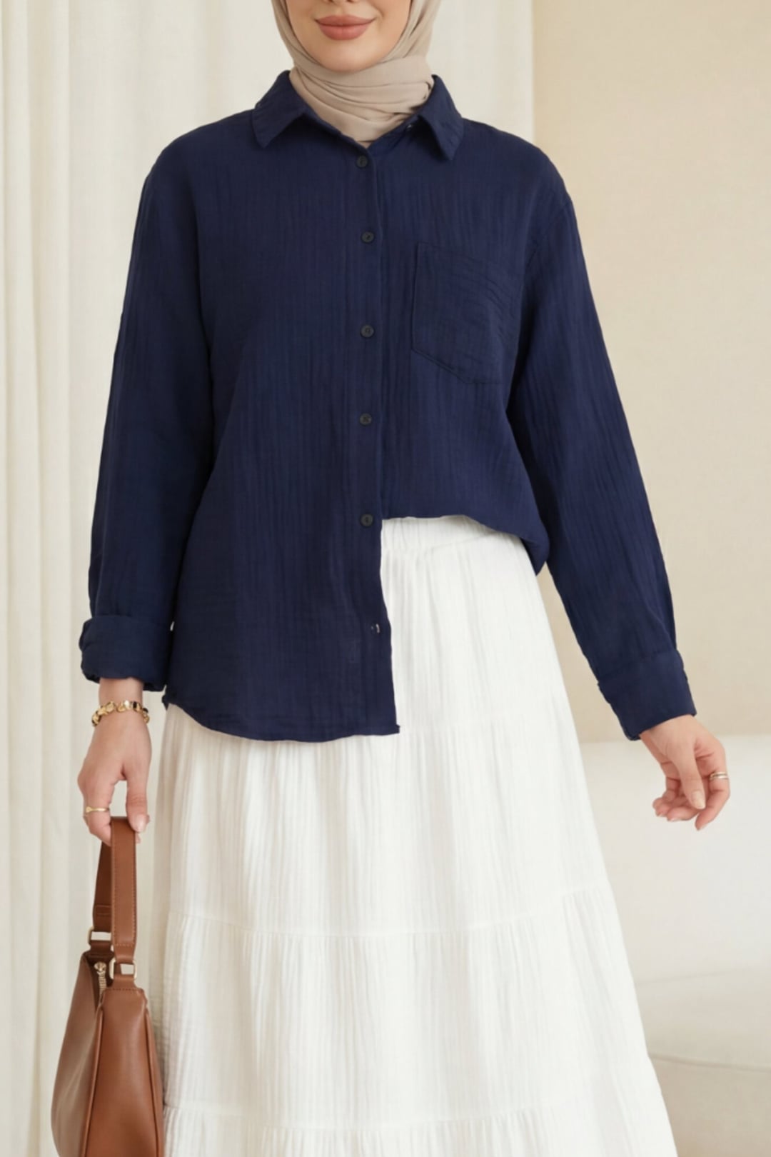 Single Pocket Buttoned Muslin Shirt - Navy Blue - Podyumplus - by Peralane