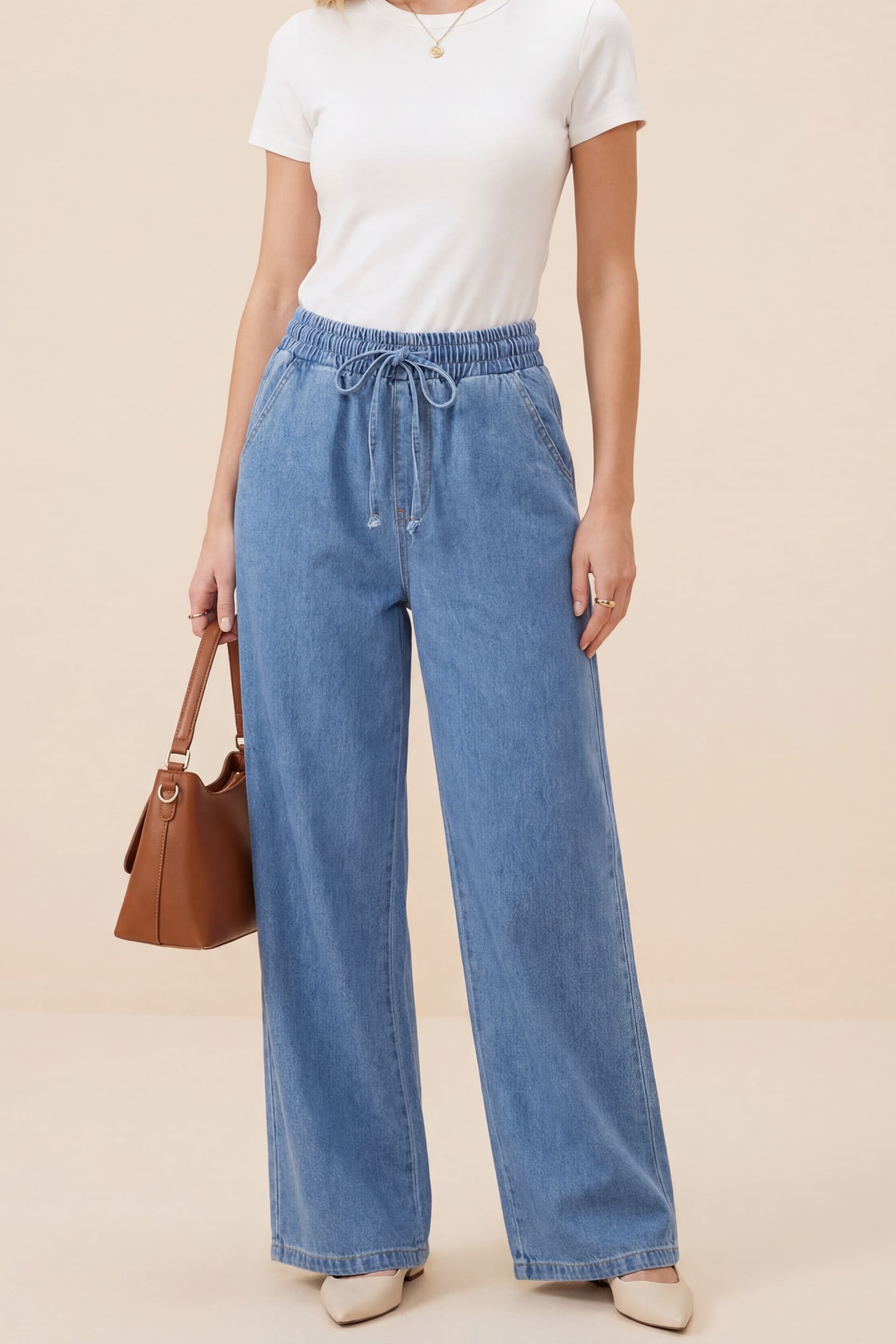 Light Blue Elastic Waist Wide Leg Denim Trousers - Podyumplus - by Peralane