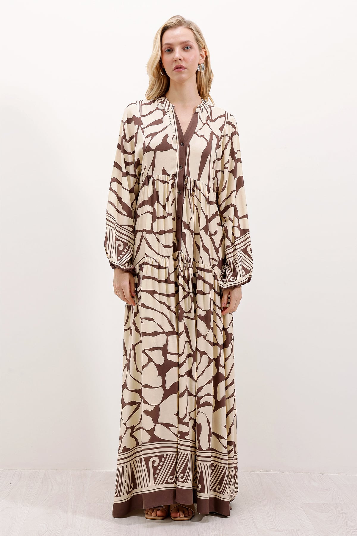 2423 Authentic Print Modest Dress in Brown - Bigdart - by Peralane