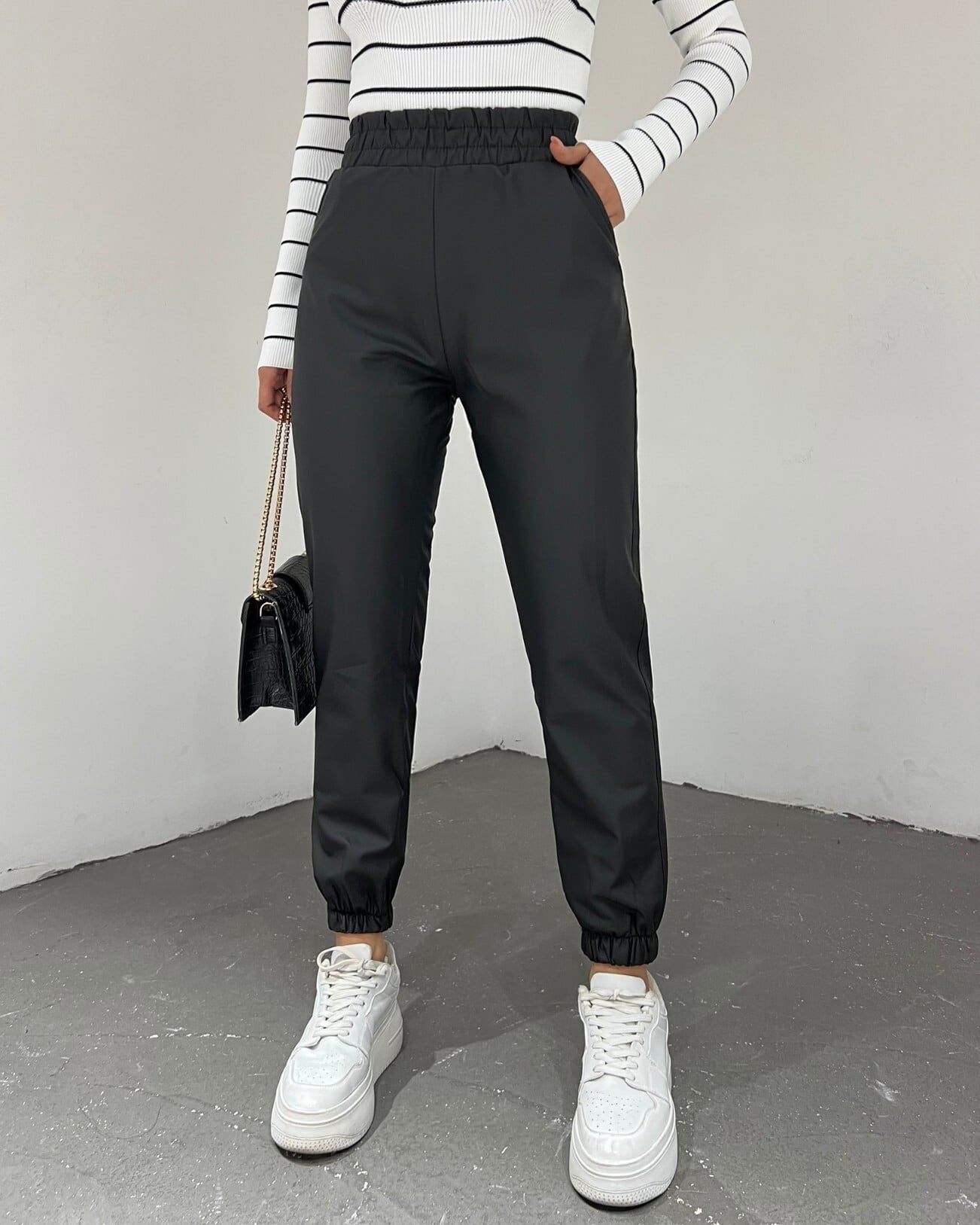 Black Elasticated Waist and Cuff Faux Leather Trousers - Podyumplus - by Peralane